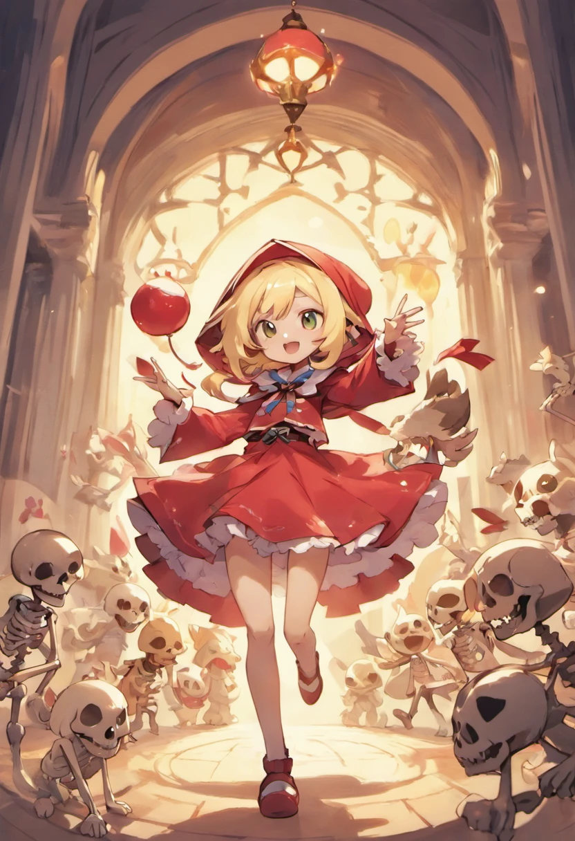 Dancing with a bunch of skeletons with a blonde girl wolf wearing Little Red Riding Hood。