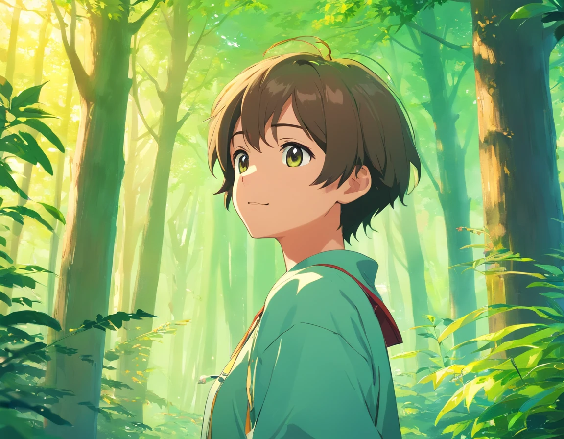 A boy with，Incarnate anime style，Exaggerate unique facial features and clothing，Standing in the middle of a green forest，Full body photo，年轻，ssmile，Handsome，Brown trunk，Lots of branches，Various birds chirp on the branches，large scene，The backlit background accentuates the subject，High-contrast colors，4K HD quality，