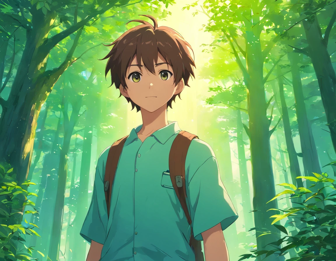 A boy with,Incarnate anime style,Exaggerate unique facial features and clothing,Standing in the middle of a green forest,Full body photo,年轻,ssmile,Handsome,Brown trunk,Lots of branches,Various birds chirp on the branches,large scene,The backlit background accentuates the subject,High-contrast colors,4K HD quality,