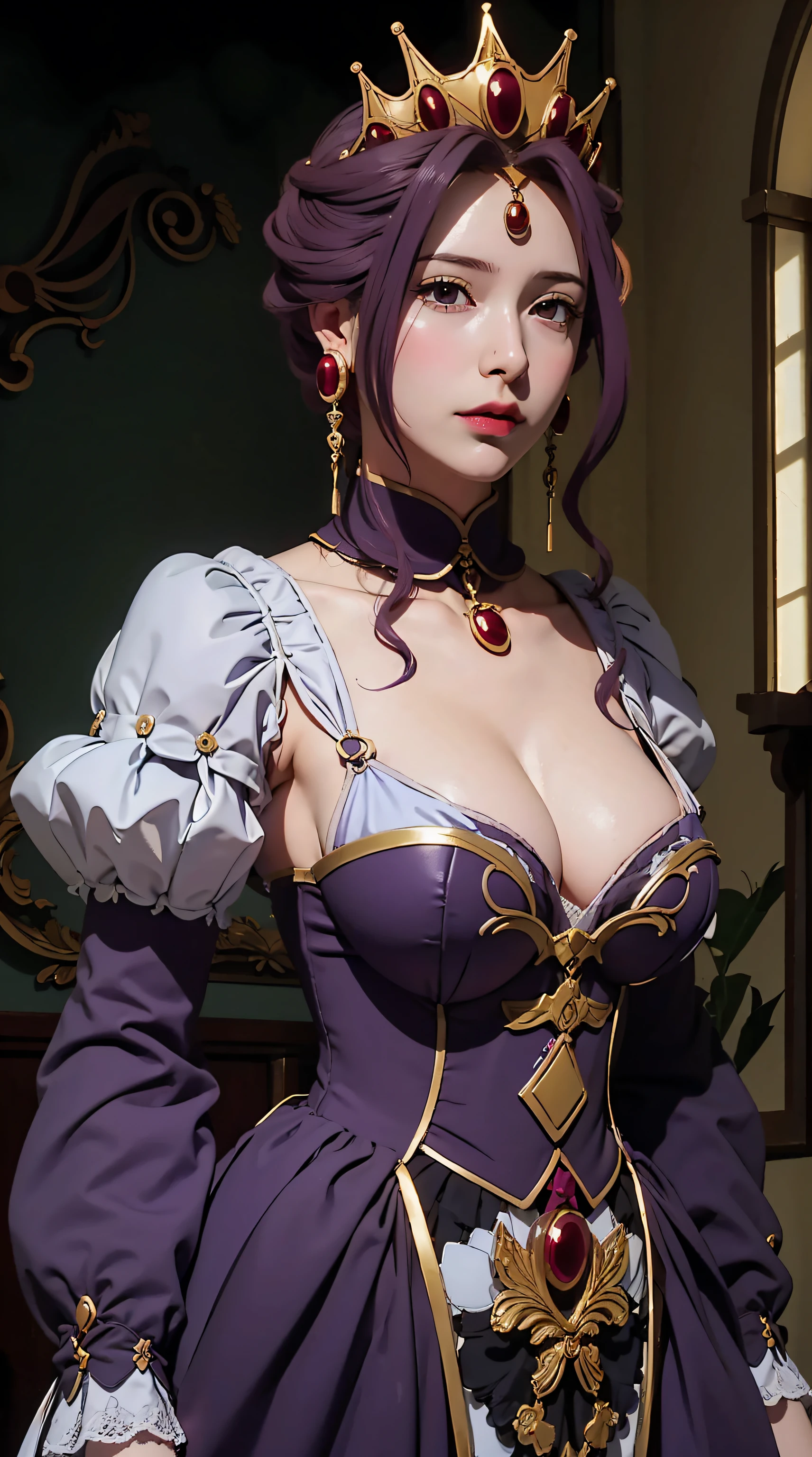 Mirellia_Q_Melromarc, perfect_breasts, purple_hair, purple_eyes, jewelry, earrings, beautiful, beautiful woman, perfect body, perfect breasts, realism, masterpiece, textured leather, super detail, high detail, high quality, best quality, 1080p, 16k