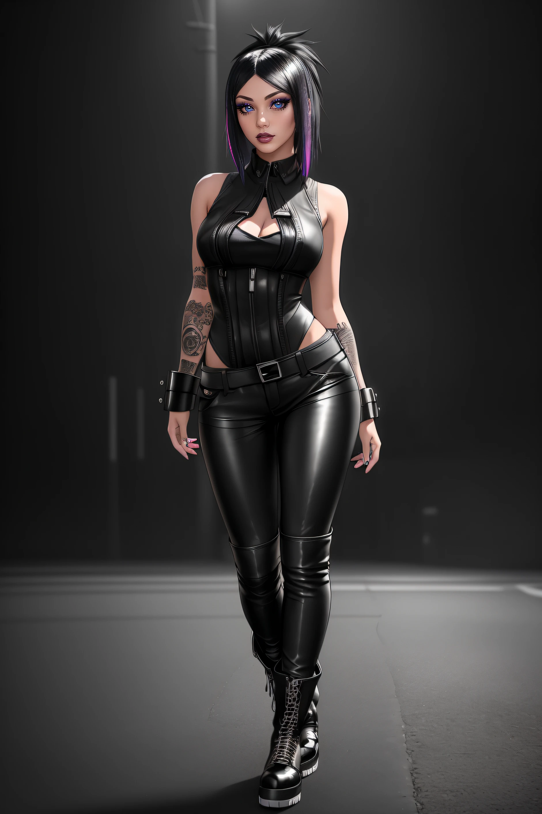 beautiful girl, ((standing:1.4)), (confident gaze:1.1), full body, short bright neon streaked black hair, ((realistic highly detailed eyes:1.4)), ((seductive pose:1.2)), black eyeshadow, (street style wear:1.2), ((tight fitted pants)), ((knee high leather boots)), (dark city night black background:1.4), dark makeup, digital art, trending on artstation, highly detailed, fine detail, intricate, detailed facial features, sharp focus, smooth, aesthetic,