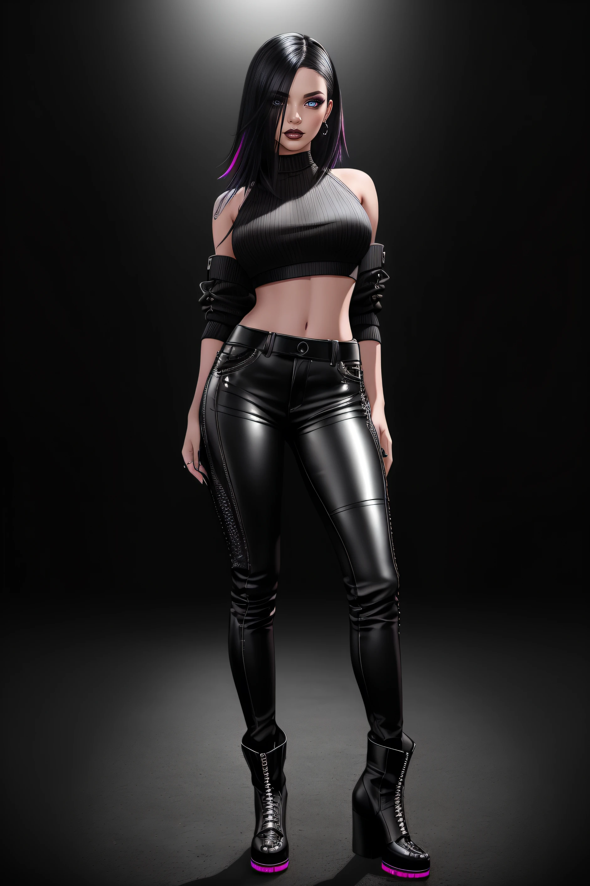 beautiful girl, ((standing:1.4)), (confident gaze:1.1), full body, short bright neon streaked black hair, ((realistic highly detailed eyes:1.4)), ((seductive pose:1.2)), black eyeshadow, (street style wear:1.2), ((tight fitted pants)), ((knee high leather boots)), (dark city night black background:1.4), dark makeup, digital art, trending on artstation, highly detailed, fine detail, intricate, detailed facial features, sharp focus, smooth, aesthetic,