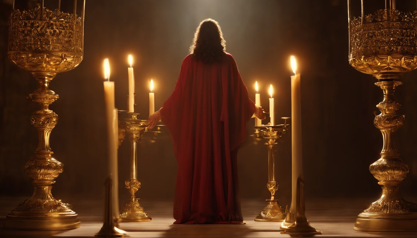"Jesus standing with a seven-pointed star in his right hand, Walk among the seven golden candlesticks. He says :, Jesus, Revealed in the Book of Revelation, Your majesty, Fantasy, looking ahead, And Jesus' feet are like shining jewels. Seven gold candlesticks face forward, And then there is one person. Raise your hands." (Best Quality,4k,8K,high resolucion,Masterpiece:1.2), Ultra-detailed, (realisitic,Photorealistic,Realistis:1.37), portrait of a, Vivid colors, studio lit, Sharp focus, physics based rendering, extreme detail description, Biblical Topics, majestic atmosphere, radiant light)