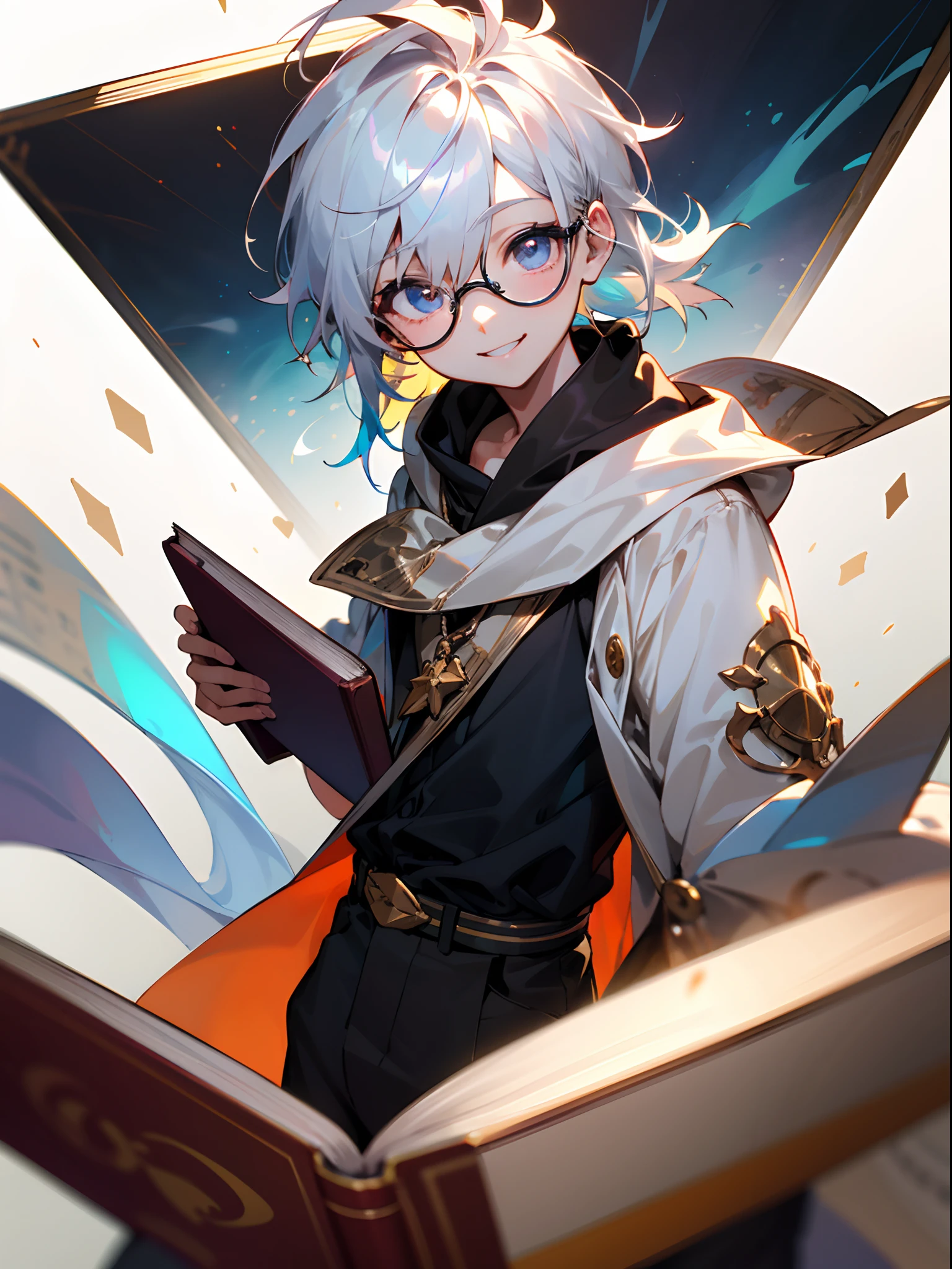 (Male , eye glasses,A smile, silber hair),Have a book,Iridescent background