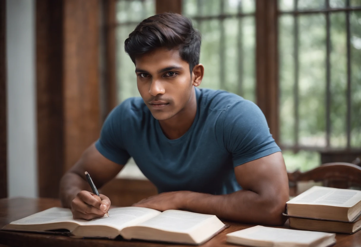 A 22-year-old Sri Lankan boy studying for his exam on a table full of books. he is body builder