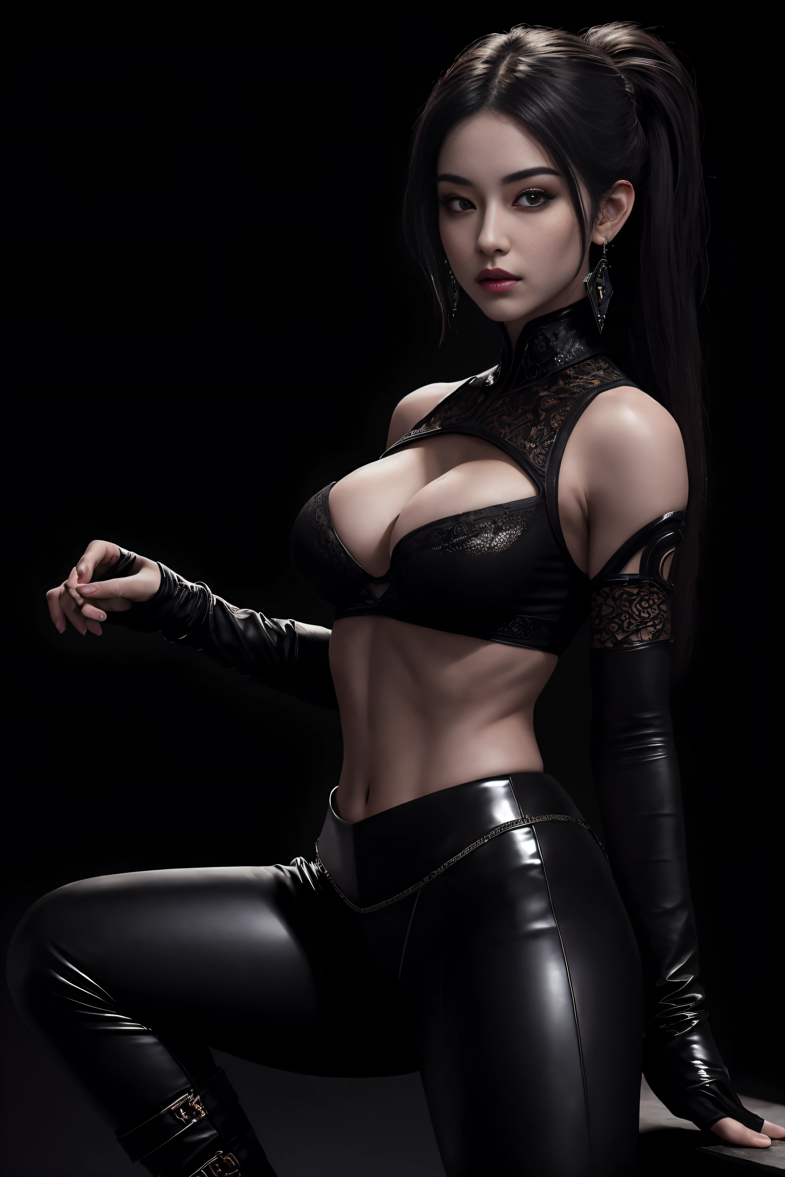 (masterpiece, top quality, best quality, official art, beautiful and aesthetic:1.2), (1girl:1.3), (fractal art:1.3), solo, Jade from mortal kombat, Mortal Kombat video game, black headband, long hair, large breasts, deep cleavage, beautiful face, Asian lady, see-through lace top, ((tight fitted pants)), black gloves, black brown hair, long patent leather black boots , earrings,  midriff, navel, toned, looking at viewer, full body, seductive stance, legs apart, (dark city night black background:1.4), bright neon lighting, cinematic lighting