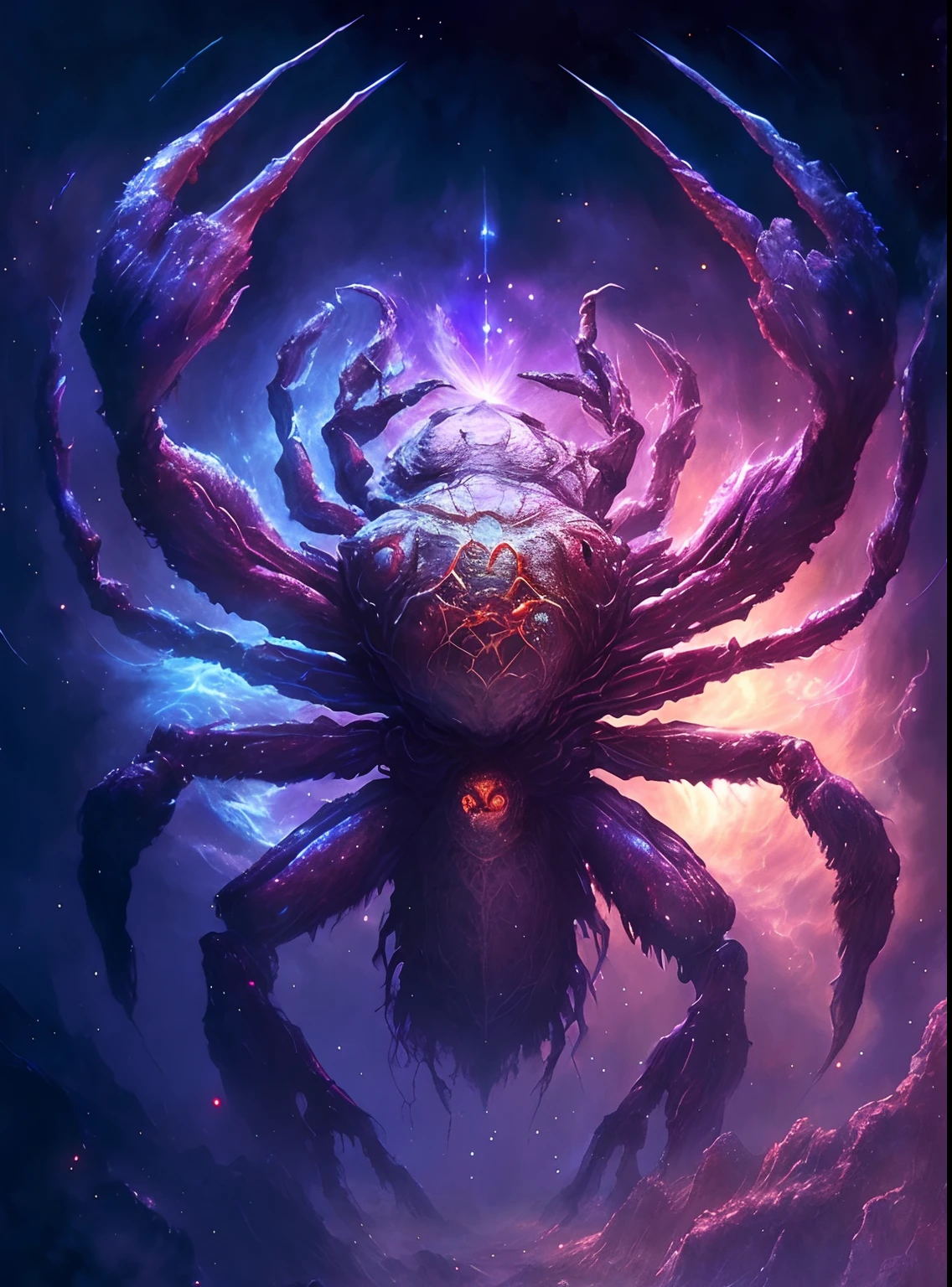 There is a large spider in the middle of the space, Inspired by Tomasz Alen Kopera, author:Alexi Bricklot, inspired by Aleksi Briclot, amazing space creature 4 k, Tomasz Alen Kopera and CGsociety, lolth, epic fantasy sci fi illustration, cosmic horror concept art, author:Adam Maczynski