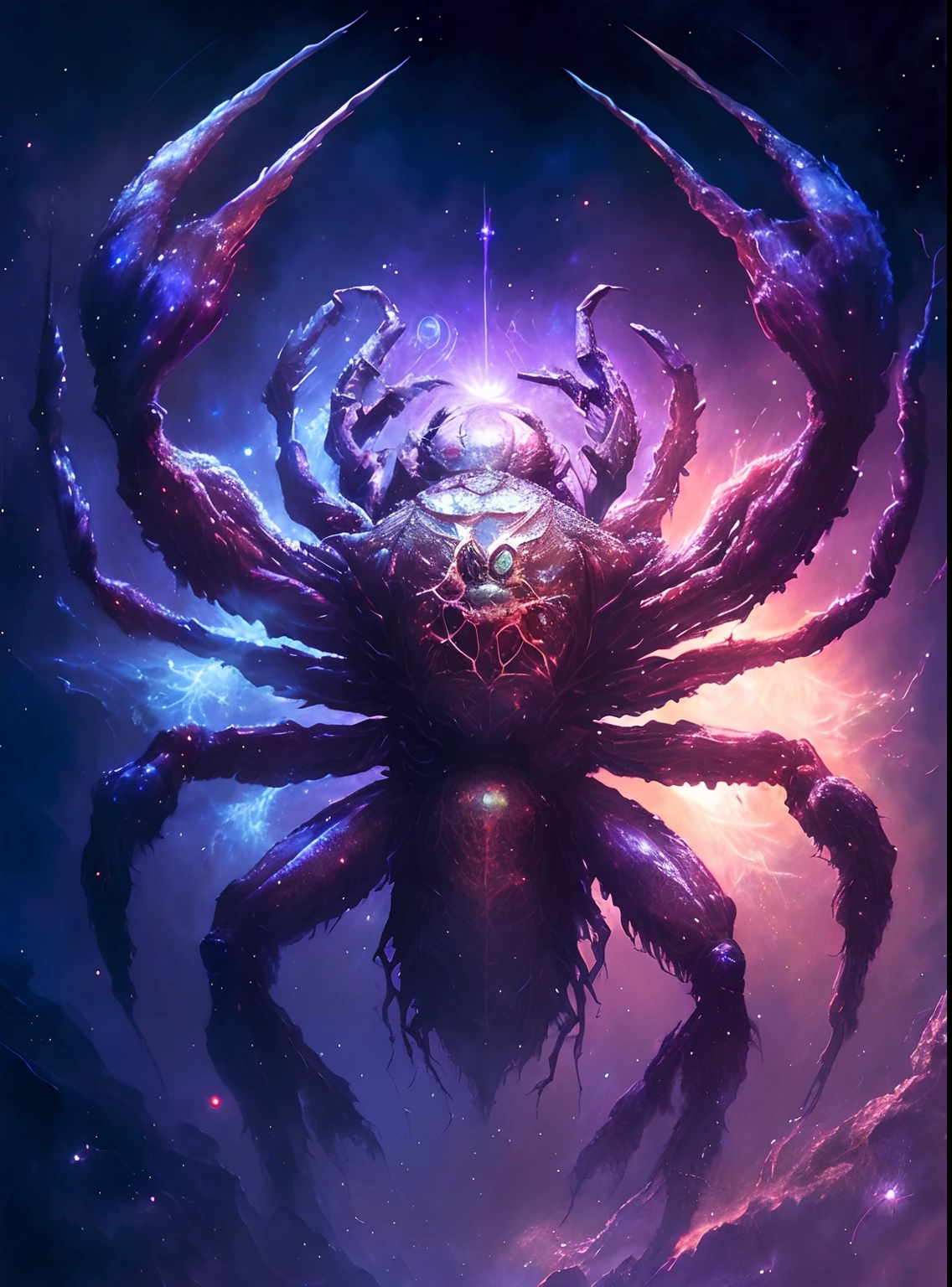 There is a large spider in the middle of the space, Inspired by Tomasz Alen Kopera, author：Alexi Bricklot, inspired by Aleksi Briclot, amazing space creature 4 k, Tomasz Alen Kopera and CGsociety, lolth, epic fantasy sci fi illustration, cosmic horror concept art, author：Adam Maczynski