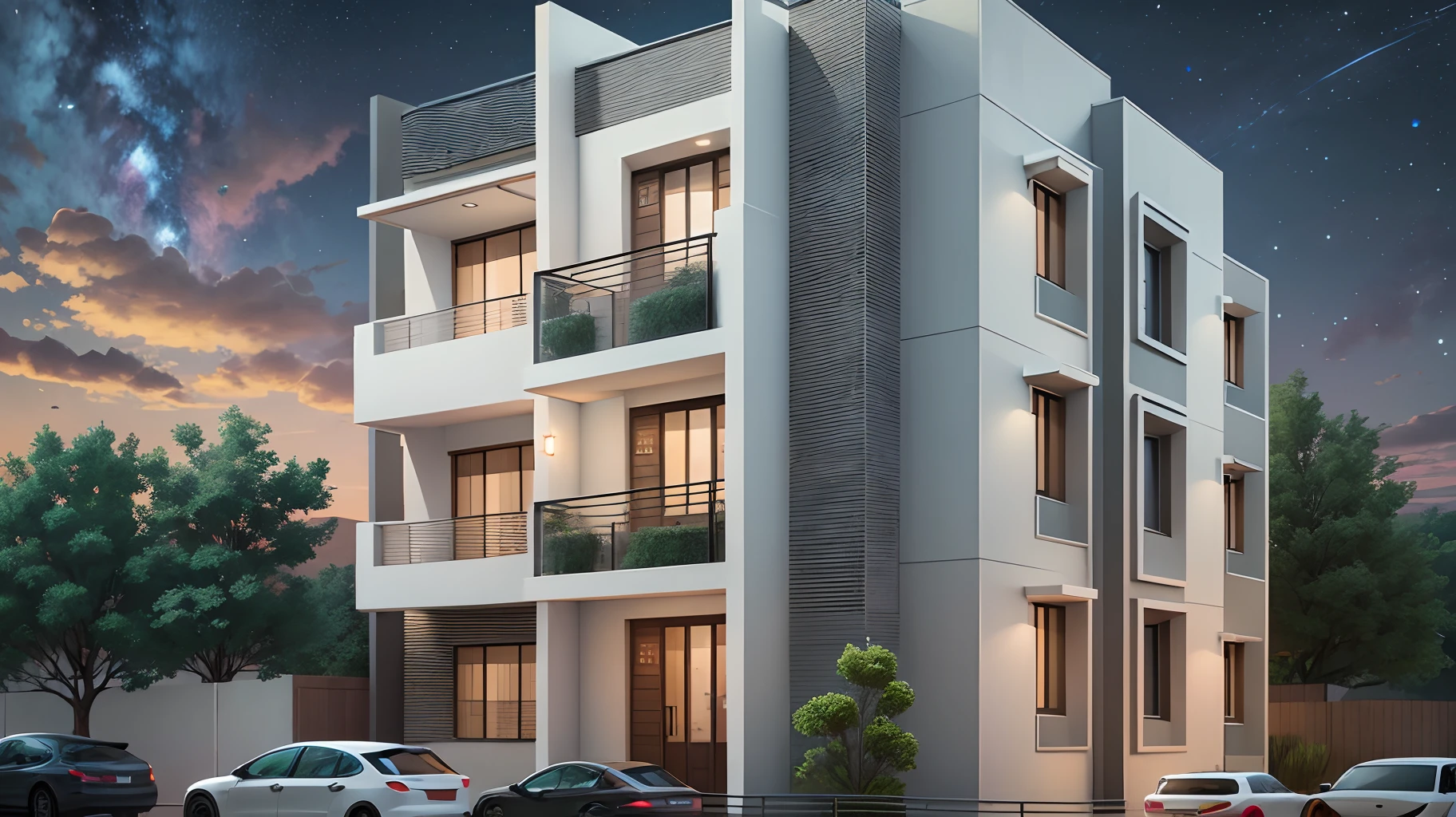 1500 sqft duplex plan with elevation, Indian style, night view of elevation --auto --s2