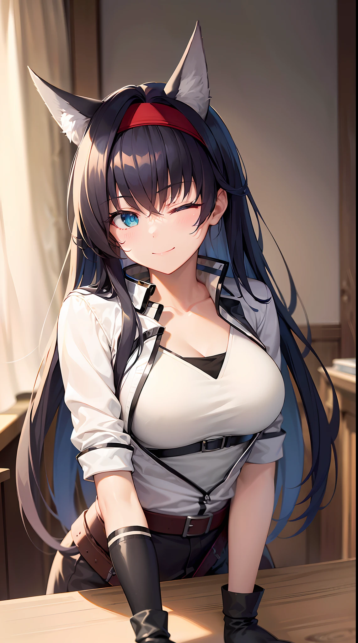 ultra_detailed, highres, absurdres, masterpieces, 1girl, (upper body), looking at viewer, Breasts, Cleavage, long hair, black hair, (animal ears, cat ears, blue eyes, red hairband), (white shirt, white jacket, skirt, belt, gloves), (closed mouth, one eye closed), smile, indoor, sunlight