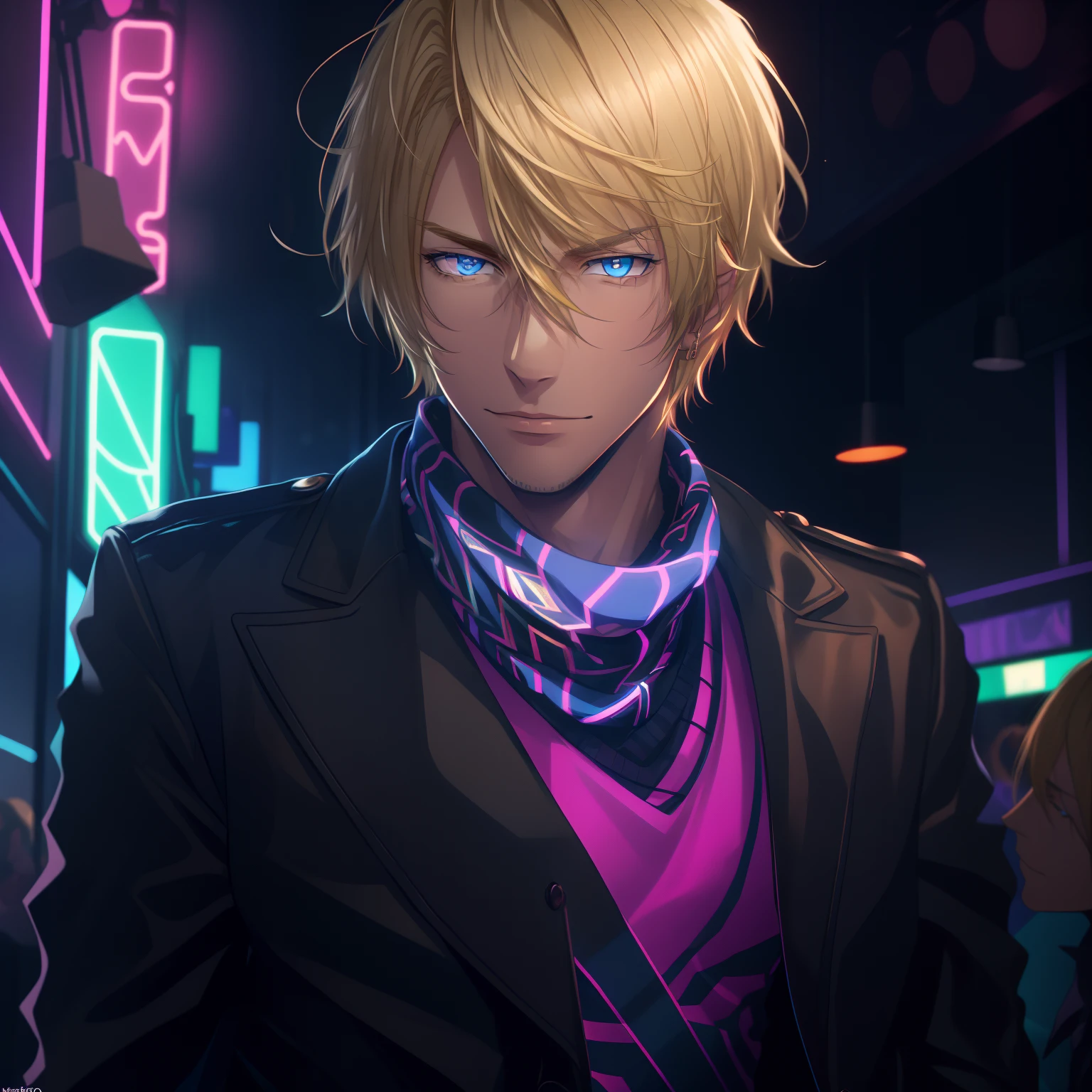 (Best Quality), Amazingly handsome (Blonde Man:1.2) AT and (scarf:0.9), (in the nightclub),(Vivid colorful neon lights: 1.1), enchanting atmosphere, Detailed face. club