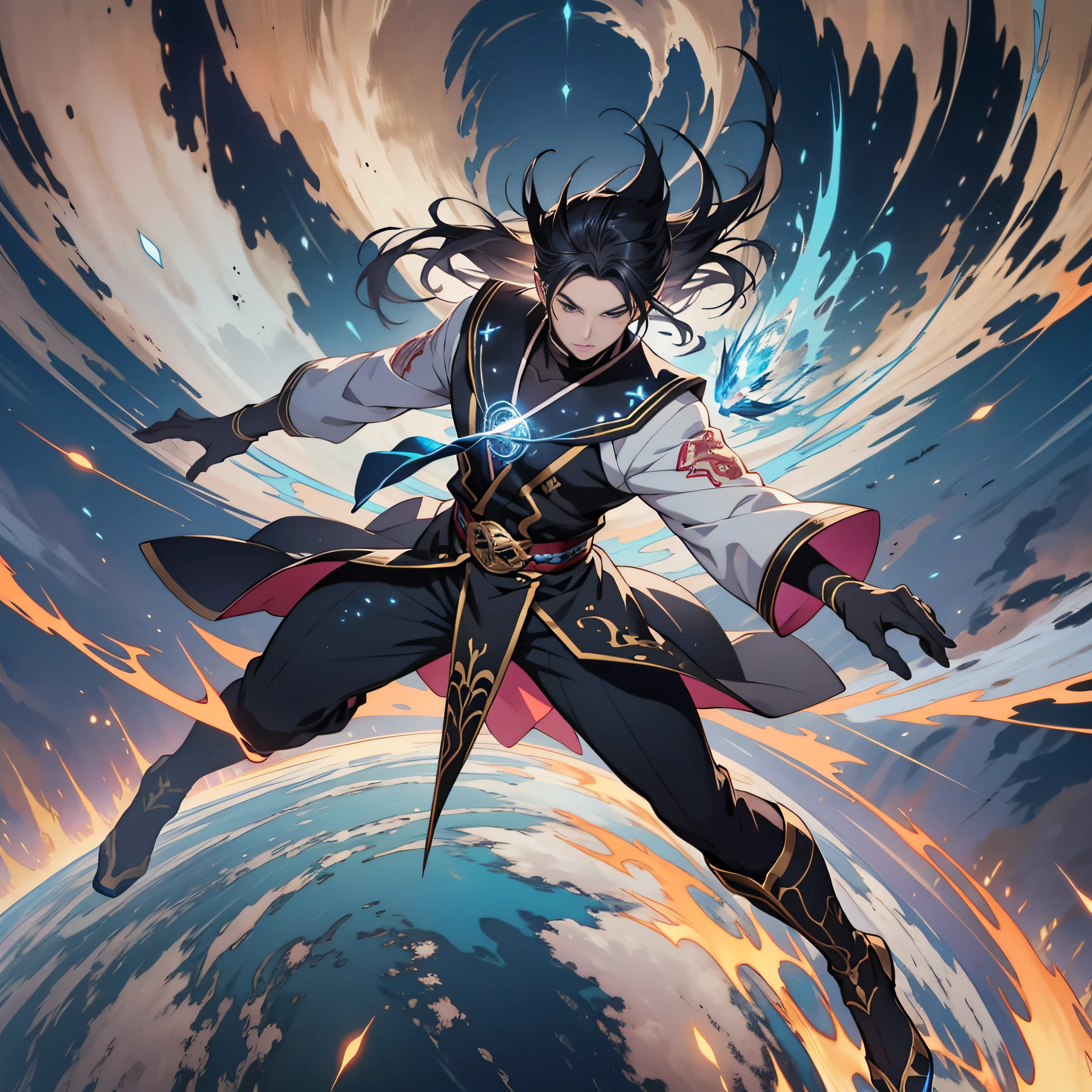 Anime - Sky Warlock,Master the wind elemental magic,He can summon storms、Build tornadoes and control the ability to fly,Let yourself and your teammates dance in the air,complete detailed body, extra detailed body, anime vtuber full body model, Soft anime illustration, anime style character, clean and meticulous anime style,