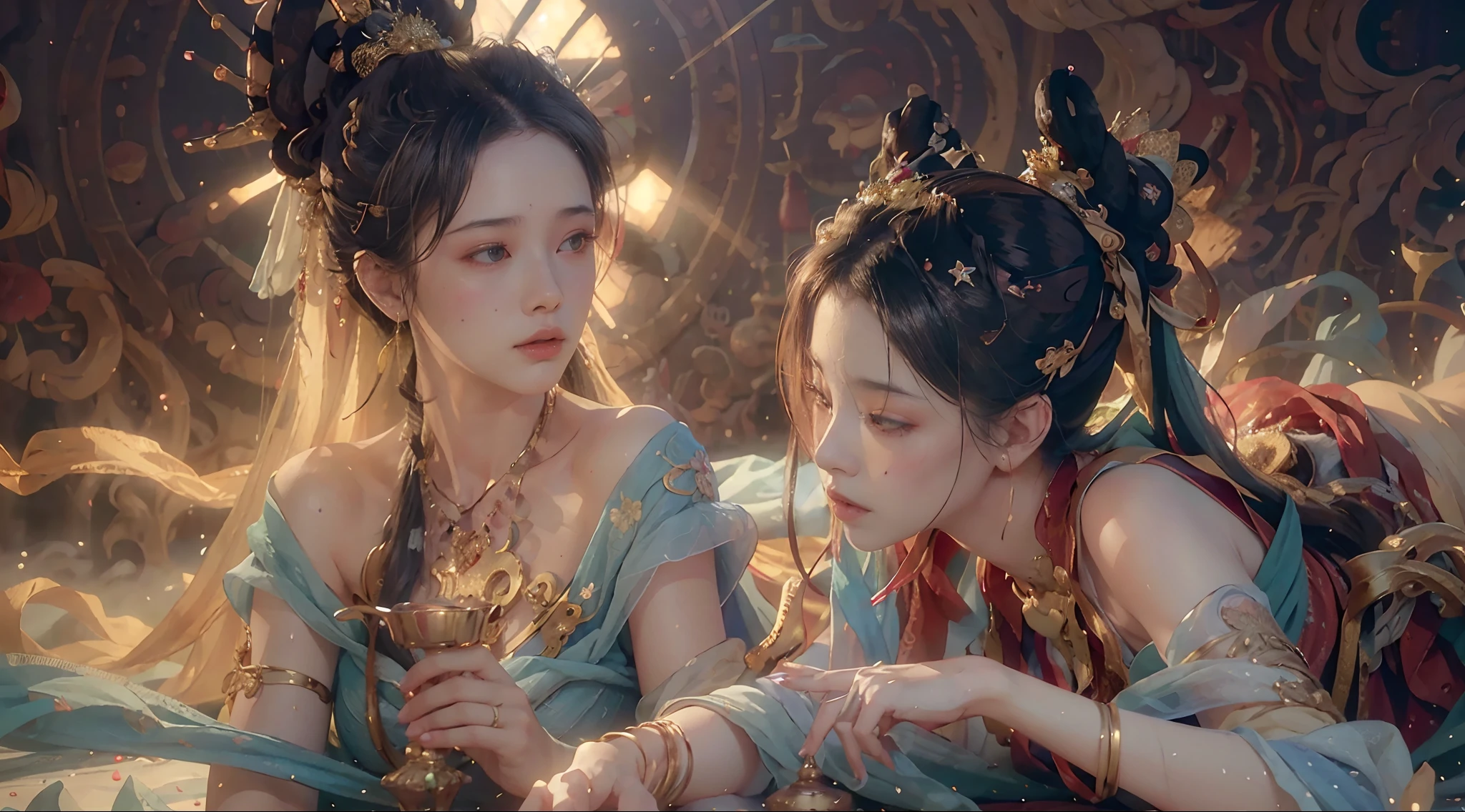 (RAW photo, best quality), (realistic, photo-realistic:1.3),best quality,highly detailed,masterpiece,ultra-detailed,illustration,1girl,upper_body,dynamic angle,world masterpiece theater,messy_long_hair,best quality,extremely detailed CG unity 8k wallpaper,ink,Amazing,cinematic lighting,lens_flare,,dunhuang_style