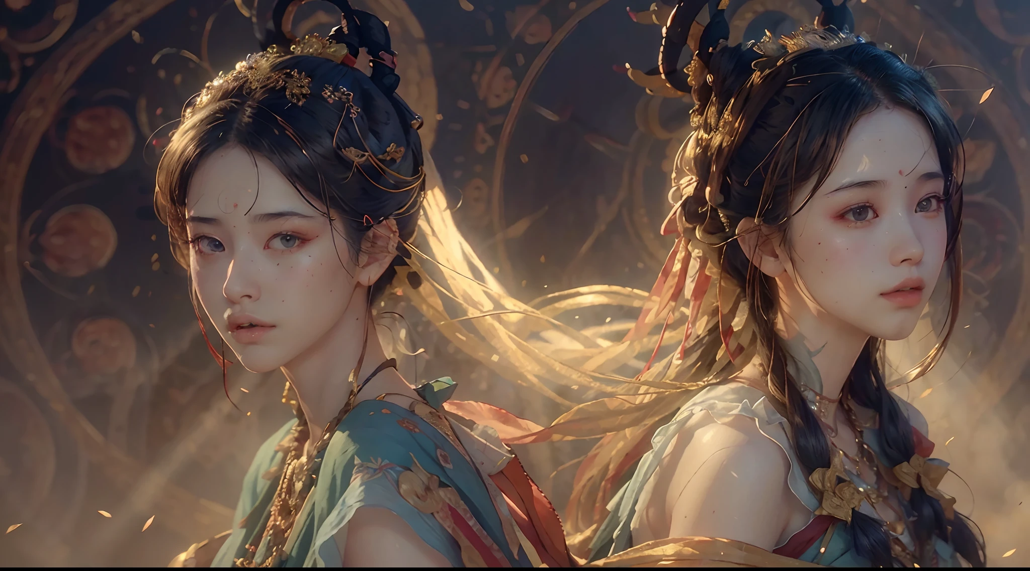 (RAW photo, best quality), (realistic, photo-realistic:1.3),best quality,highly detailed,masterpiece,ultra-detailed,illustration,1girl,upper_body,dynamic angle,world masterpiece theater,messy_long_hair,best quality,extremely detailed CG unity 8k wallpaper,ink,Amazing,cinematic lighting,lens_flare,,dunhuang_style