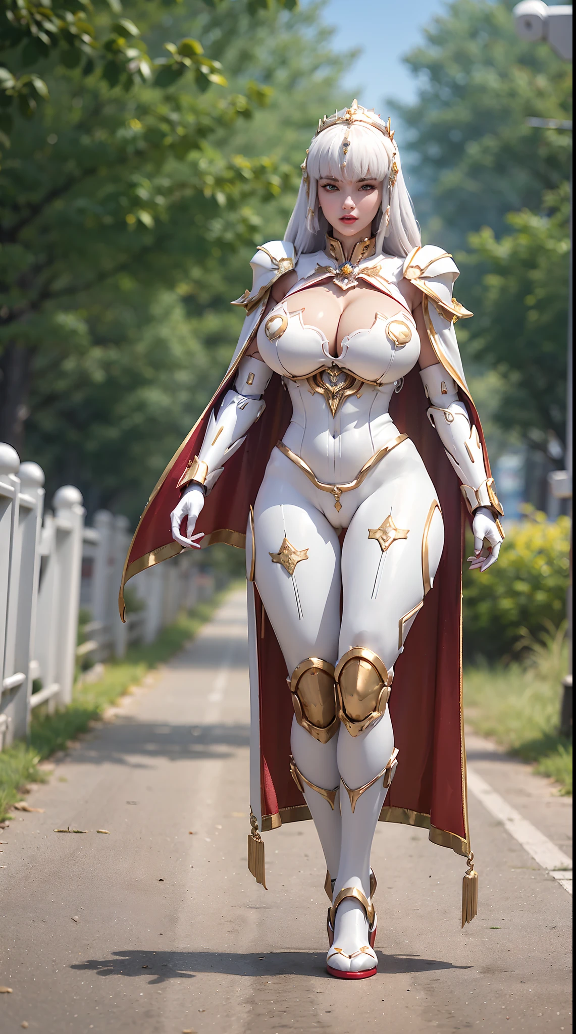 1GIRL, SOLO, (white hair), (HUGE FAKE BOOBS:1.3), (GUARD ARM, GLOVE), IMMORTAL, (white, red, gold, FUTURISTIC MECHA ARMOR SUIT, ROYAL CAPE, CLEAVAGE:1.5), (SKINTIGHT YOGA PANTS, HIGH HEELS:1.2), (NSFW GLAMOROUS BODY, SEXY LONG LEGS, FULL BODY:1.3), (FROM FRONT, LOOKING AT VIEWER:1), (WALKING DOWN ON STREET NIGHT CITY:1.3), PHYSICALLY-BASED RENDERING, ULTRA HIGHT DEFINITION, 8K, 1080P.