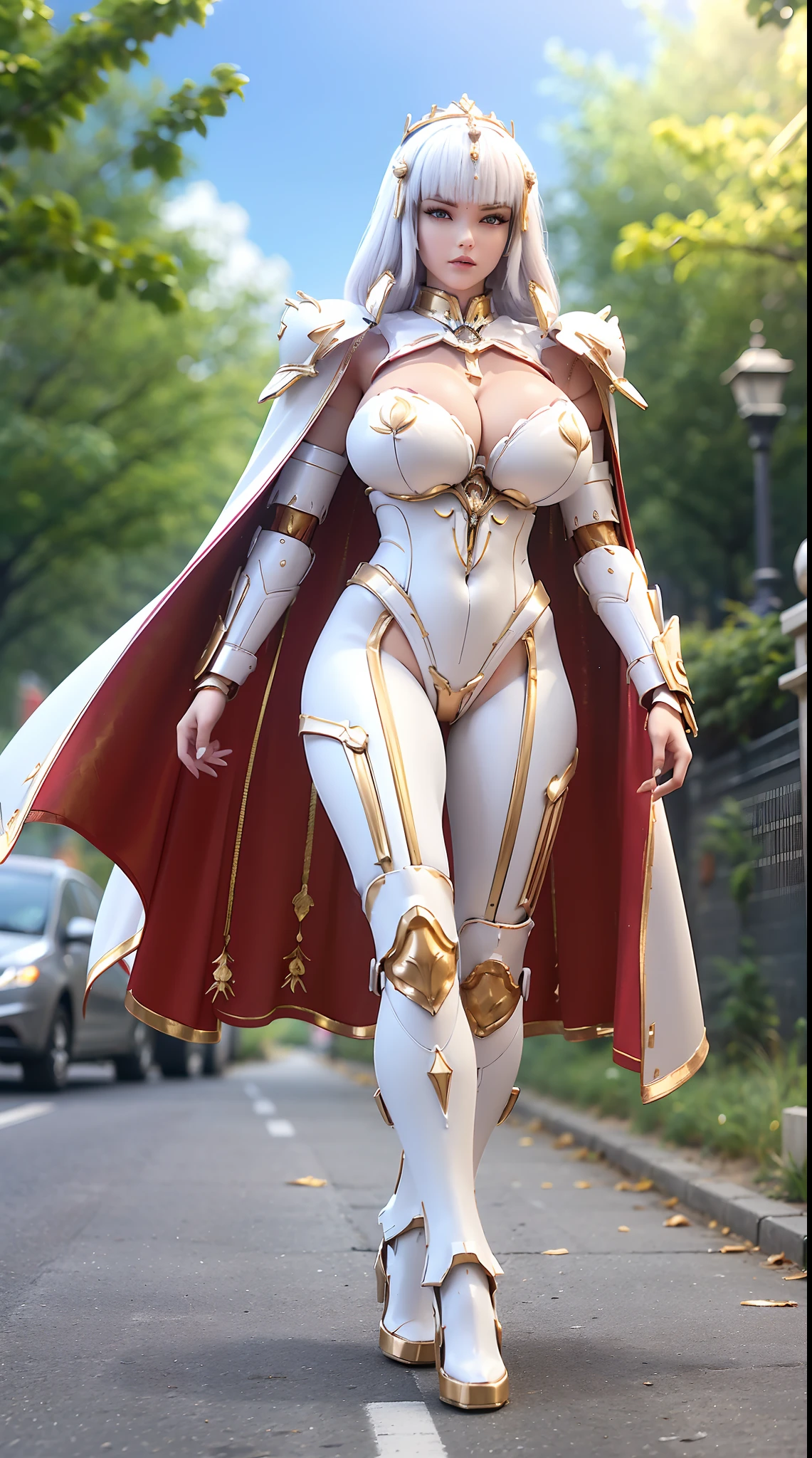 1GIRL, SOLO, (white hair), (HUGE FAKE BOOBS:1.3), (GUARD ARM, GLOVE), IMMORTAL, (white, red, gold, FUTURISTIC MECHA ARMOR SUIT, ROYAL CAPE, CLEAVAGE:1.5), (SKINTIGHT YOGA PANTS, HIGH HEELS:1.2), (NSFW GLAMOROUS BODY, SEXY LONG LEGS, FULL BODY:1.3), (FROM FRONT, LOOKING AT VIEWER:1), (WALKING DOWN ON STREET NIGHT CITY:1.3), PHYSICALLY-BASED RENDERING, ULTRA HIGHT DEFINITION, 8K, 1080P.