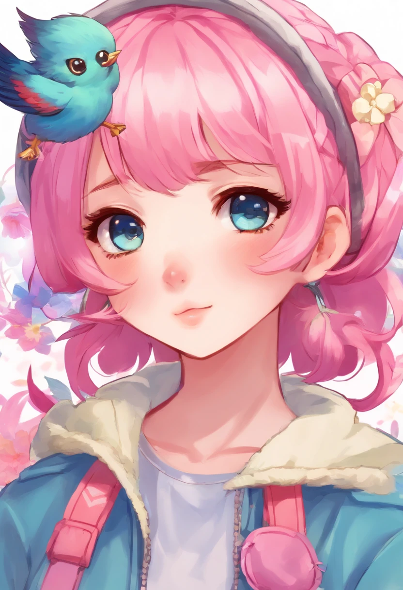 anime girl with pink hair and blue eyes with a black bird on her head, sayori, anime moe artstyle, extremely cute anime girl face, cute anime face, cute anime girl portraits, kawaii realistic portrait, detailed portrait of anime girl, anime girl named lucy, pink twintail hair and cyan eyes, cute anime girl, portrait of an anime girl ,short hair ,little girl,waring hoody