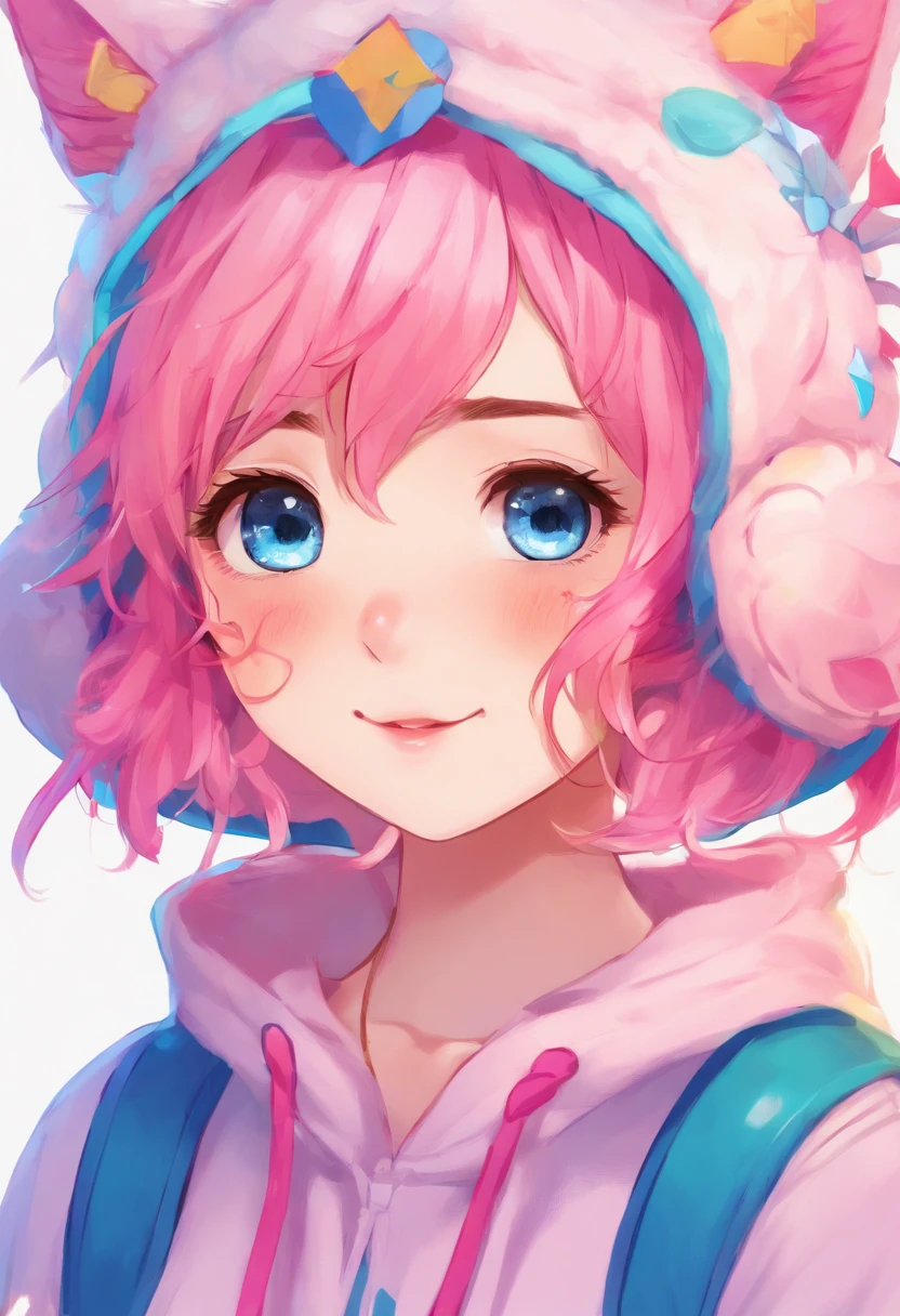 anime girl with pink hair and blue eyes with a black bird on her head, sayori, anime moe artstyle, extremely cute anime girl face, cute anime face, cute anime girl portraits, kawaii realistic portrait, detailed portrait of anime girl, anime girl named lucy, pink twintail hair and cyan eyes, cute anime girl, portrait of an anime girl ,short hair , girl,waring hoody