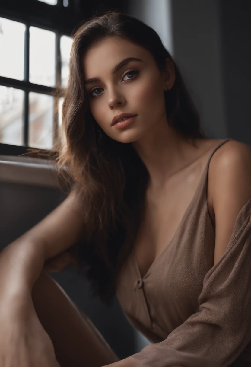 Arafed woman in full , Sexy girl with brown eyes, ultra realistis, Meticulous detail, portrait sophie mudd, dark hair and big eyes, selfie of a young woman, bedroom eyes, violet myers, no makeup, natural makeup, looking straight at camera, face with artgram, fine makeup, Stunning full-length shot, kneeling on the asphalt, in the city, Medium to large size bust,  ; ; ;