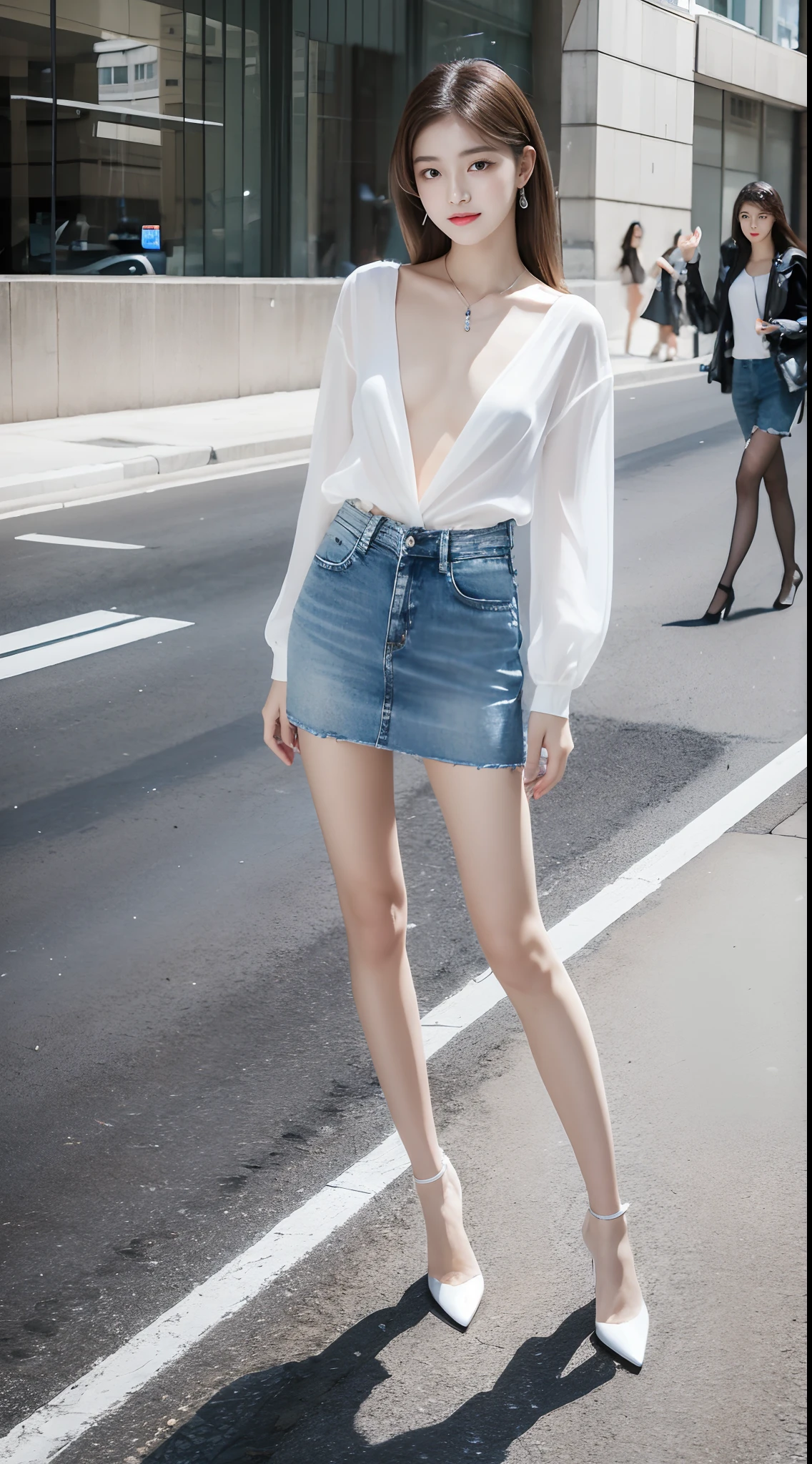 Ultra-clear resolution，top Quority，Wonderful young girl，ear studs，Clear  eyes，plain face，Gloss on lips，s the perfect face，White skin，Perfect chest，Slender legs，Denim miniskirt，black heels，street