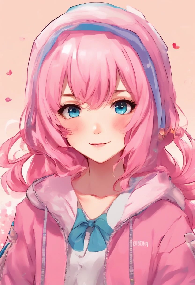 anime girl with pink hair and blue eyes with a black bird on her head, sayori, anime moe artstyle, extremely cute anime girl face, cute anime face, cute anime girl portraits, kawaii realistic portrait, detailed portrait of anime girl, anime girl named lucy, pink twintail hair and cyan eyes, cute anime girl, portrait of an anime girl ,short hair ,,waring hoody