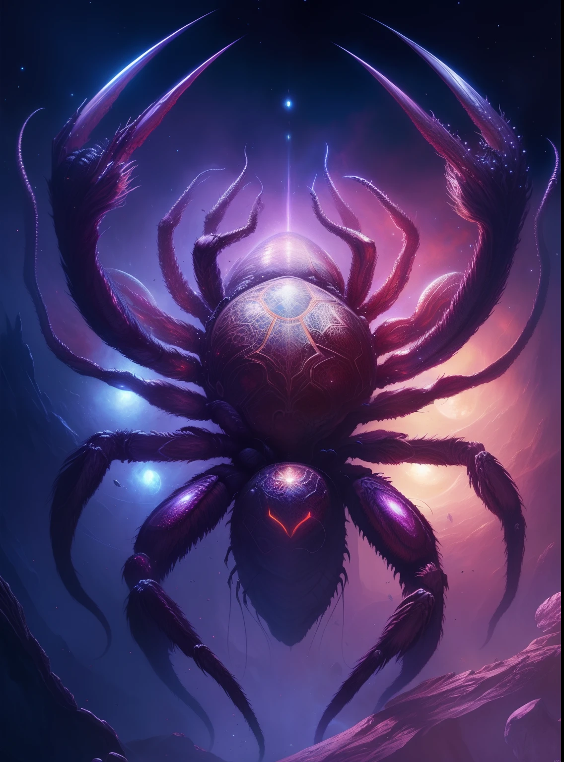 There is a large spider in the middle of the space, amazing space creature 4 k, Tomasz Alen Kopera and CGsociety, lolth, epic fantasy sci fi illustration, cosmic horror concept art, Cancer,Cancer