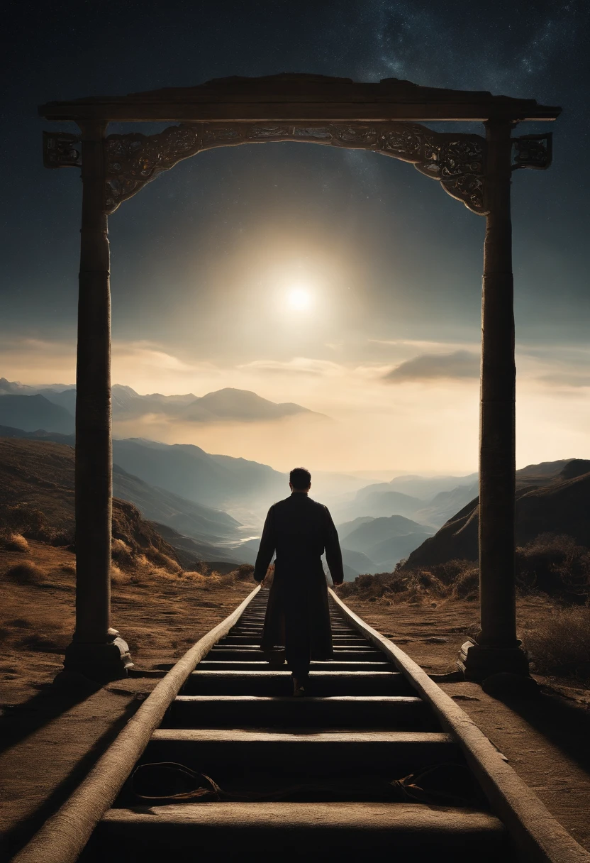 A world of endless landscapes。It depicts a single figure of a two-man, standing in the center。Man is freed from the shackles of yesterday、We're heading into uncharted territory, that opens up ahead。The road is curvilinear、Unseen Prospects Ahead。At his feet is a bridge to a new path.、There's a light, which symbolizes hope for the future.。Behind it is a thin symbol, Pointing to the Past.、This makes his new journey even brighter。