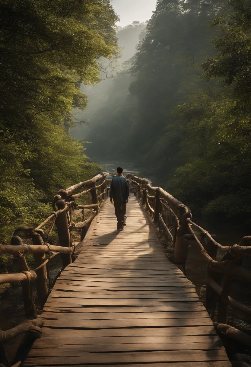 A world of endless landscapes。It depicts a single figure of a two-man, standing in the center。Man is freed from the shackles of yesterday、We're heading into uncharted territory, that opens up ahead。The road is curvilinear、Unseen Prospects Ahead。At his feet is a bridge to a new path.、There's a light, which symbolizes hope for the future.。Behind it is a thin symbol, Pointing to the Past.、This makes his new journey even brighter。