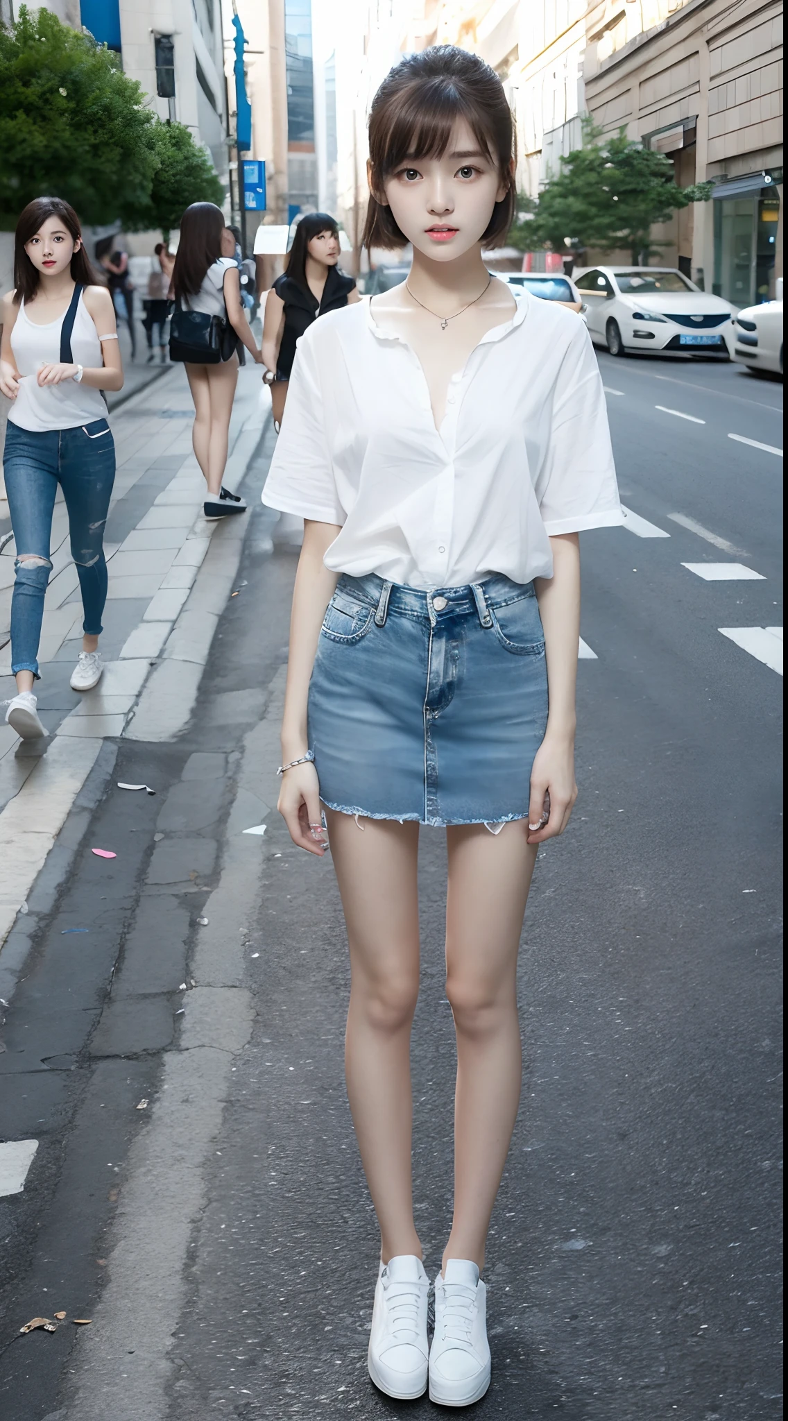 Ultra-clear resolution，top Quority，Wonderful young girl，ear studs，Clear  eyes，plain face，Gloss on lips，s the perfect face，White skin，Perfect chest，Slender legs，Denim miniskirt，Random shoes，street