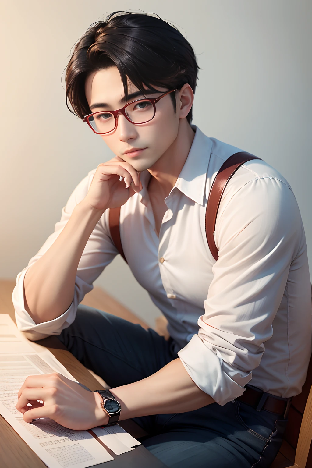 Male Journalist。age 30s。male people。Red and thin glasses。Extremely delicate and beautiful。hight resolution。Best Illustration。Best Shadow。hightquality。Plain clothe。