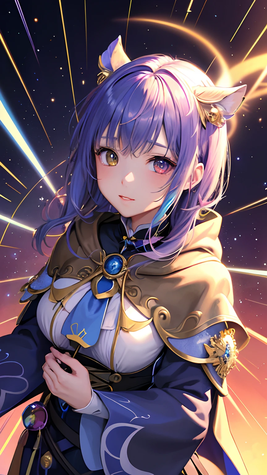 (masterpiece、top-quality、top-quality、Official art、Beautifully Aesthetic:1.2)、(1girl in)、(Iris heterochromic eyes:1.4), ighly detailed、(Fractal Art:1.3)、colourfull、highestdetailed、face perfect、The upper part of the body、nffsw、(doa:1.3)、(Golden lines in blue cloak:1.2)、intergalactic、(light streaks)、striking visuals、(Dynamic streaks、Bright trajectory:1.2)、vivd colour、
