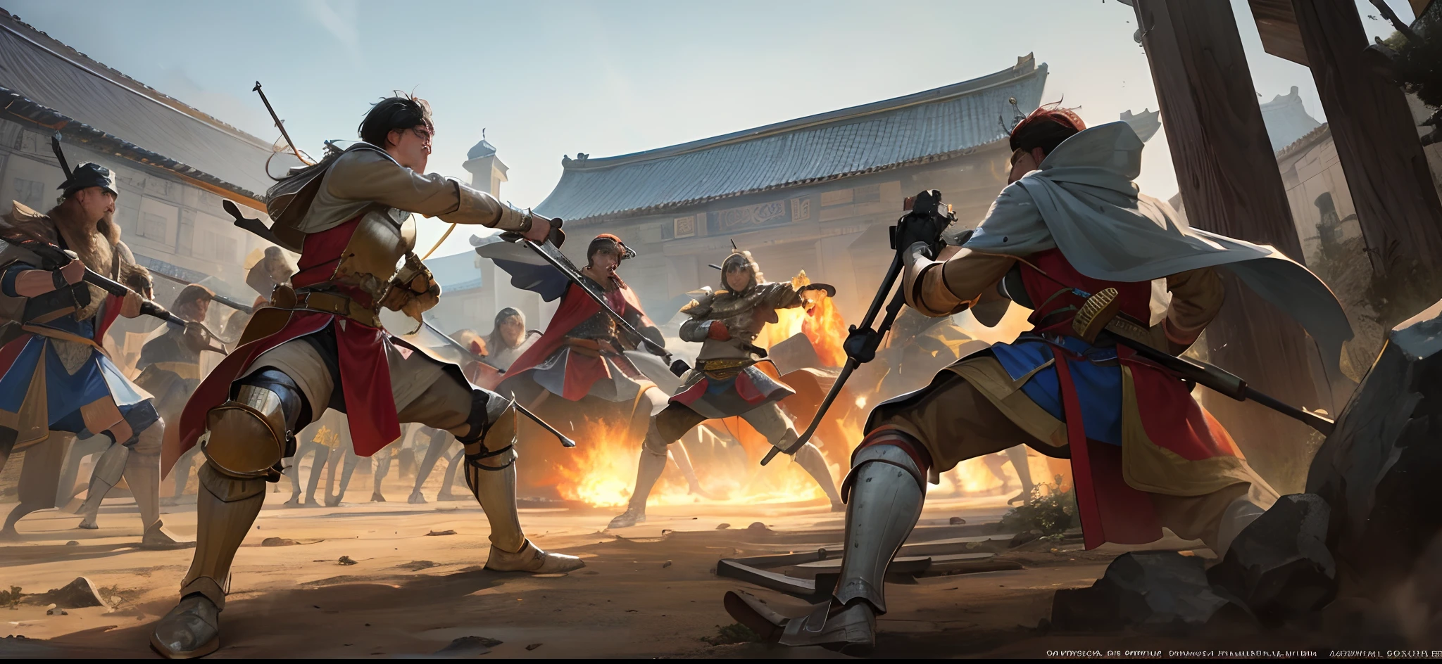 There are many characters in the picture, detailed illustrations of the game art, Cheng Wei Pan on Artstation, inspired by Fenghua Bell, heroic battle scenes, by Yang J, Ismail Inseoglu and Ruan Jia, CGsociety and Fenghua Zhong, Three Kingdoms of China, by Wu Zhun Shifan, background: battle scenes, flames, war fire heroic battle scenes Swords and guns