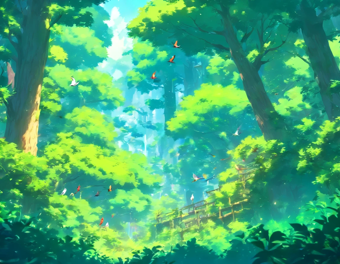 forest backgrou,A lush,Various birds on the branches,Adventure group,large scene,High-contrast colors,4K HD quality,