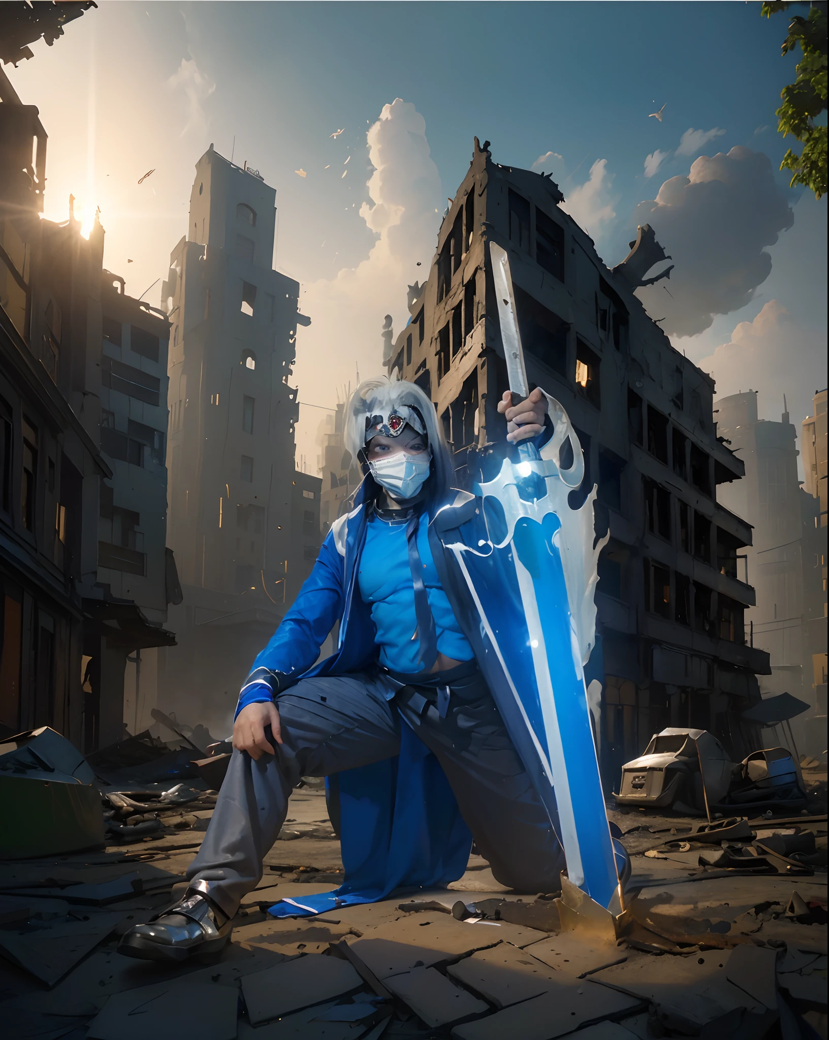 ((Kamenraider)),((realistic, photorealistic)),(Steel mask )), Light reflection, (( mask light)), navel, detached sleeves,((upper body)), (((best quality, masterpiece))), Looking for viewers, outdoor,Buildings destroyed light of fire ,sword light,