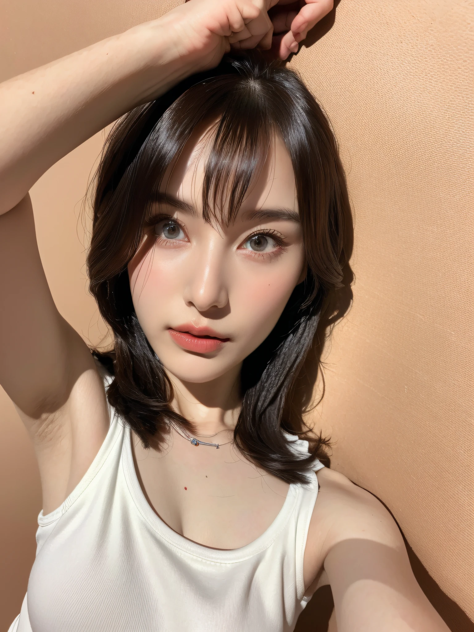 (Ultra Real), (Illustration), (High Resolution), (8K), (Very Detailed), (Best Illustration), (Beautiful Detailed Eyes), (Best Quality), (Ultra Detailed), (Masterpiece), (Wallpaper), (Detailed Face), Droopy Eyes, Sweaty, Upper Body Up, Armpits, Short Hair, Inner Color, Solo, Simple White Tank Top Girl, Japan Person, Big Tits, (Camel Toe)