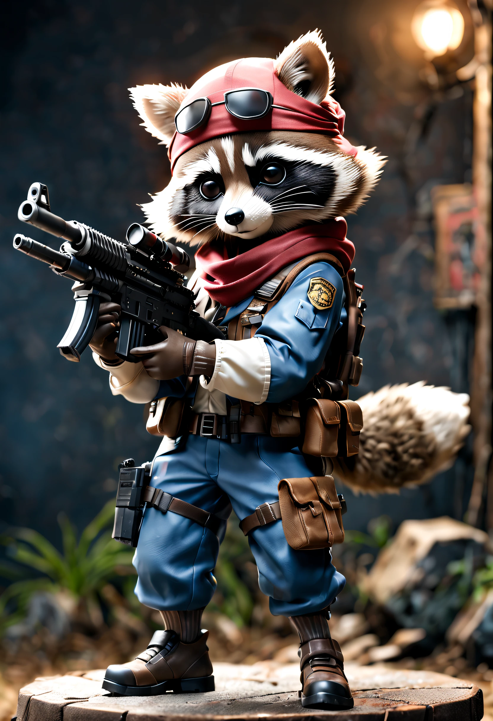 full body Esbian、Cool raccoon、Pop raccoon、diorama、symple background、White background、bandana、Holding a machine gun in your hands、​masterpiece, Best Quality, Capture super cute moments, depth of fields, ultra-detailliert, Ultra High Resolution, Octadale, 8K, 16 K