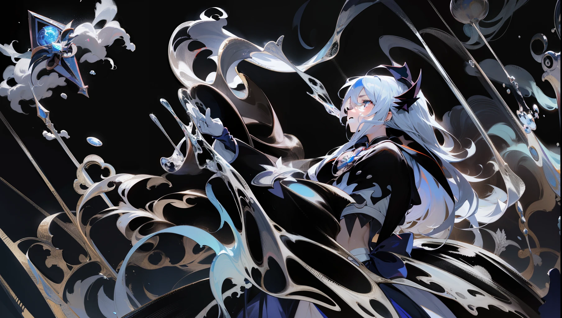 ((Masterpiece)),Best Quality, illustartion,Beautiful detailed glow,detailed ice,beautiful detailed water,Red Moon,snowflake, (beautiful detail eyes),expressionless,Beautiful detailed white gloves, (Floating cloud:1.2),azure hair,disheveled hair,Long bangs, hairs between the eyes, Dark dress, (dark magician girl:1.1),black kneehighs, black ribbon,white bow ties,midriff,{{{half closed eyes}}},large head,empty look,flower,Large top sleeves,