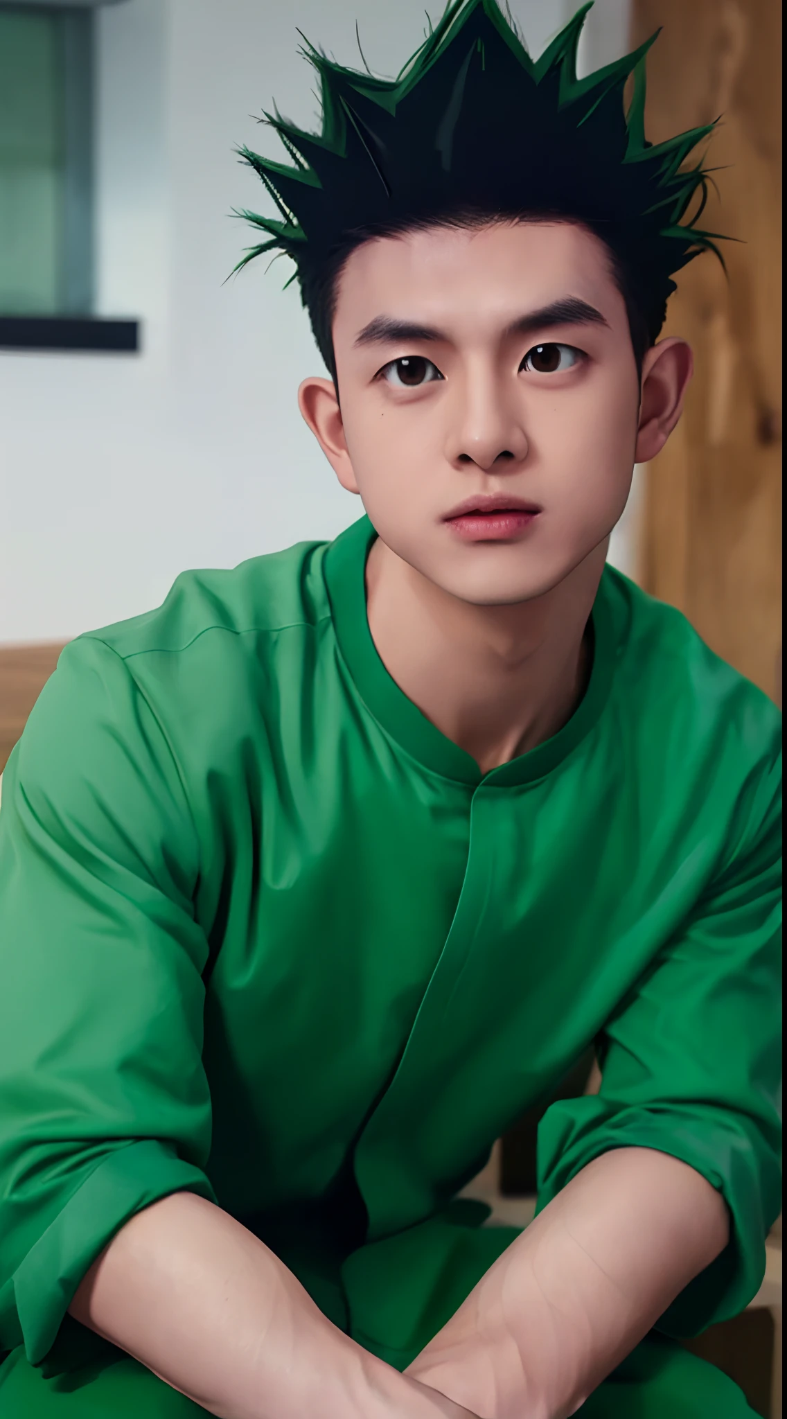 gon_freecss, masterpiece, best quality, high quality, 1boy, solo, male focus, looking at viewer, upper body, gon_freecss, Realism-10, 8k, black and green hair, green kungfu shirt, strong hand