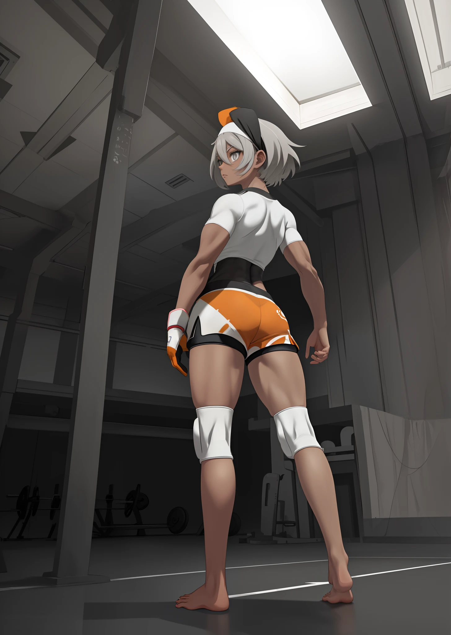 [Bea], [Pokemon], ((masterpiece)), ((high quality)), ((HD)), ((detailed shading)), ((beautiful solo portrait)), ((full body)), ((back view)), ((anime)), {attractive woman, (dark skin, short white hair, (beautiful light-grey eyes), (thicc thighs), (gorgeous hips), (beautiful muscular legs), (beautiful feet), (defined muscles), (expressionless)}, {(short-sleeve shirt), (bodysuit under clothes), (print shorts), (single glove), (headband), (white knee pads), (barefoot)}, {(standing), (arms at sides), (looking ahead)}, [background; (gym), (ceiling lights), (ambient lighting)]