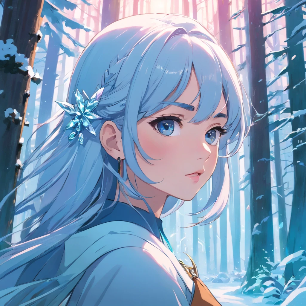 (Bird's eye shot), Woman Nordic ice goddess soaked in ice jewelry standing in midwinter (Fluorescent forest), Around by combination, Low-cut revealing clothing, Long gray hair, ((Upper body shooting)), ((Professional cameras, Light and shadows, Contrast)), Ultra photo realsisim, Cinematic light, Clean and perfect face, Eyes focused, large bust, looking to the right, ((Ultra-detailed jewelry)), princess face, (It seems that Kate Dennings), Full head on frame, Closed mouth, large lips, Big eyes,