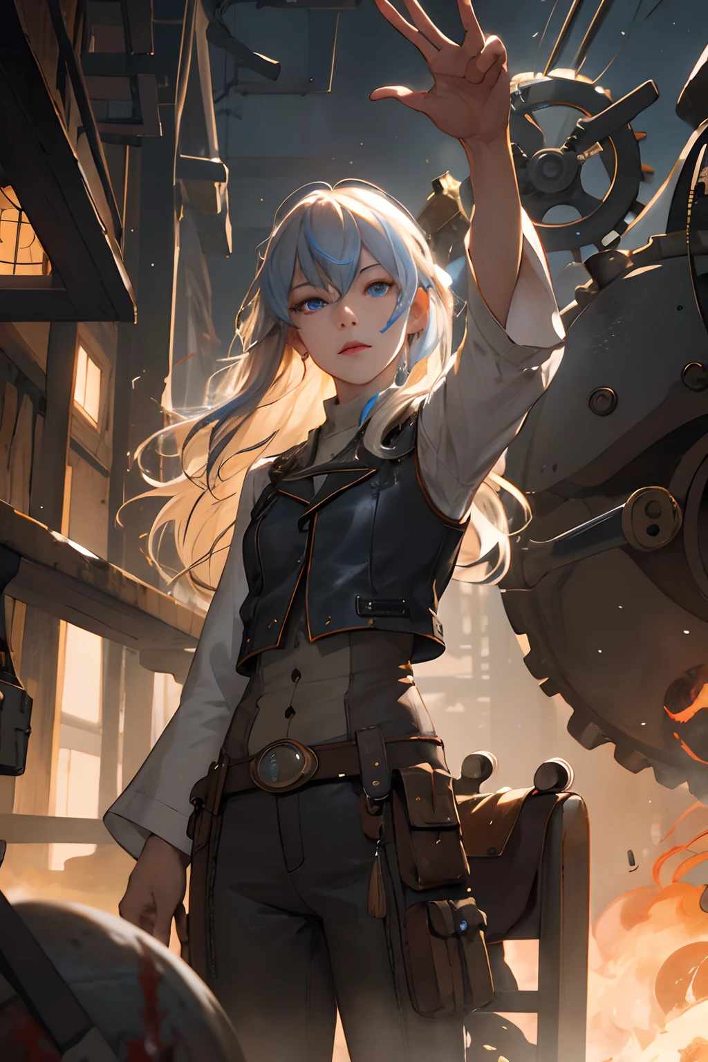 (hoang lap,A high resolution,ultra - detailed), 1womanl, a matural female, Old age, wavy and long hair, Split color hair, Heterochromatic, By bangs, longer sleeves, Fine eyes and detailed face, the Extremely Detailed CG Unity 8K Wallpapers, intricately details, (Style - country magic:0.8), (medieval cyborg:0.8), sportrait, (Blood wounds:0.7), looking at viewert, 独奏, Half shot, detailedbackground, (steampunk theme:1.1) A determined expression, Dark Kud Technologists, floating lights, Colorful leather vest with gears, Technical clothing, jetpacks, Workshop in the background, makina, gear wheel, steamy, industries, technologies, stove, dirt, anvil, macarons, levers, automaton, electricity, EDM Epic atmosphere,, sportrait,aries constellation
