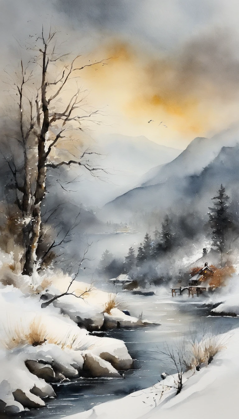 chinese ink brush and watercolor painting、Winters、snow mountains、Mount Everest、First ascent of Mount Everest、crew、Mountaineering teams、the wind、yuki、