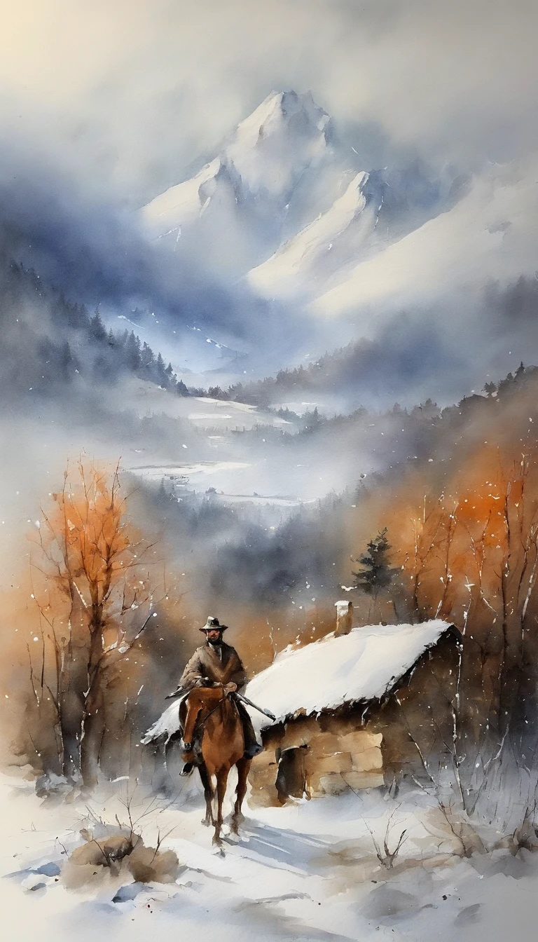 I want to chase the light horse,Heavy snow full of bow knives,Chinese landscape painting,ink and watercolor painting,water ink,ink,Smudge,Faraway view,Ultra-wide viewing angle,Meticulous,,Works of masters,tmasterpiece