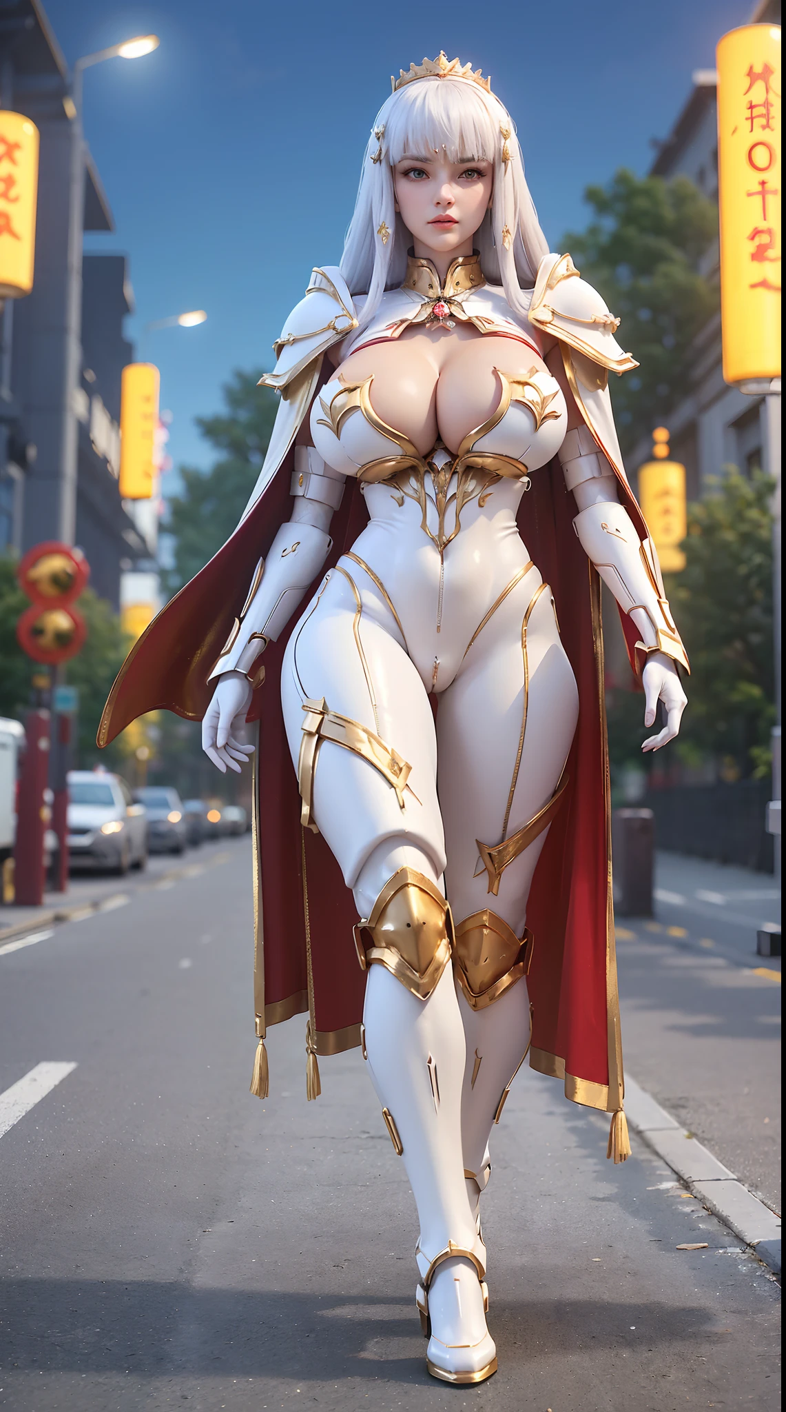 1GIRL, SOLO, (white hair), (HUGE FAKE BOOBS:1.3), (GUARD ARM, GLOVE), IMMORTAL, (white, red, gold, FUTURISTIC MECHA ARMOR SUIT, ROYAL CAPE, CLEAVAGE:1.5), (SKINTIGHT YOGA PANTS, HIGH HEELS:1.2), (NSFW GLAMOROUS BODY, SEXY LONG LEGS, FULL BODY:1.3), (FROM FRONT, LOOKING AT VIEWER:1), (WALKING DOWN ON STREET NIGHT CITY:1.3), PHYSICALLY-BASED RENDERING, ULTRA HIGHT DEFINITION, 8K, 1080P.