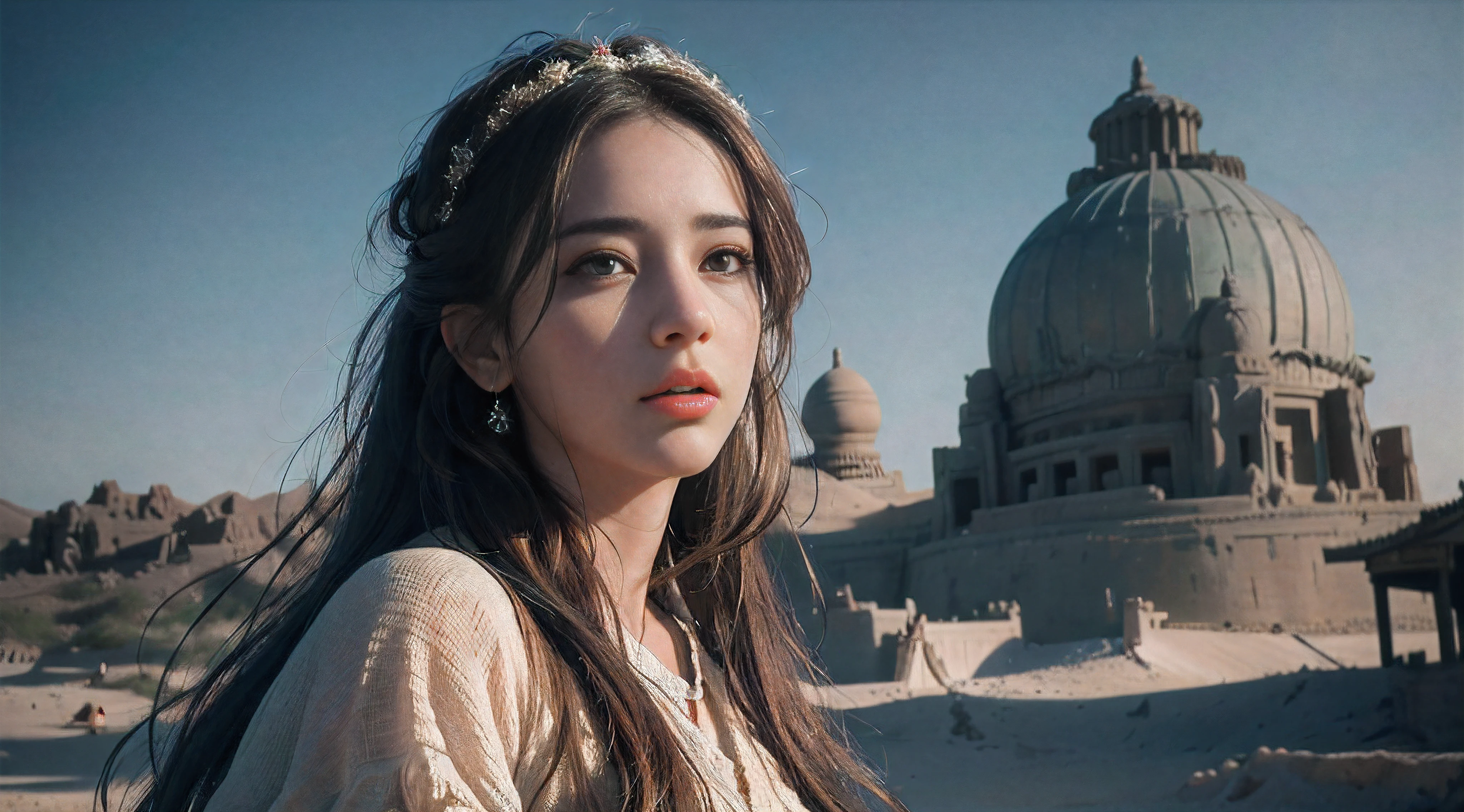 (RAW photo, best quality), (realistic, photo-realistic:1.3),best quality,highly detailed,masterpiece,ultra-detailed,illustration,1girl,upper_body,dynamic angle,world masterpiece theater,messy_long_hair,best quality,extremely detailed CG unity 8k wallpaper,ink,Amazing,cinematic lighting,lens_flare,,dunhuang_style