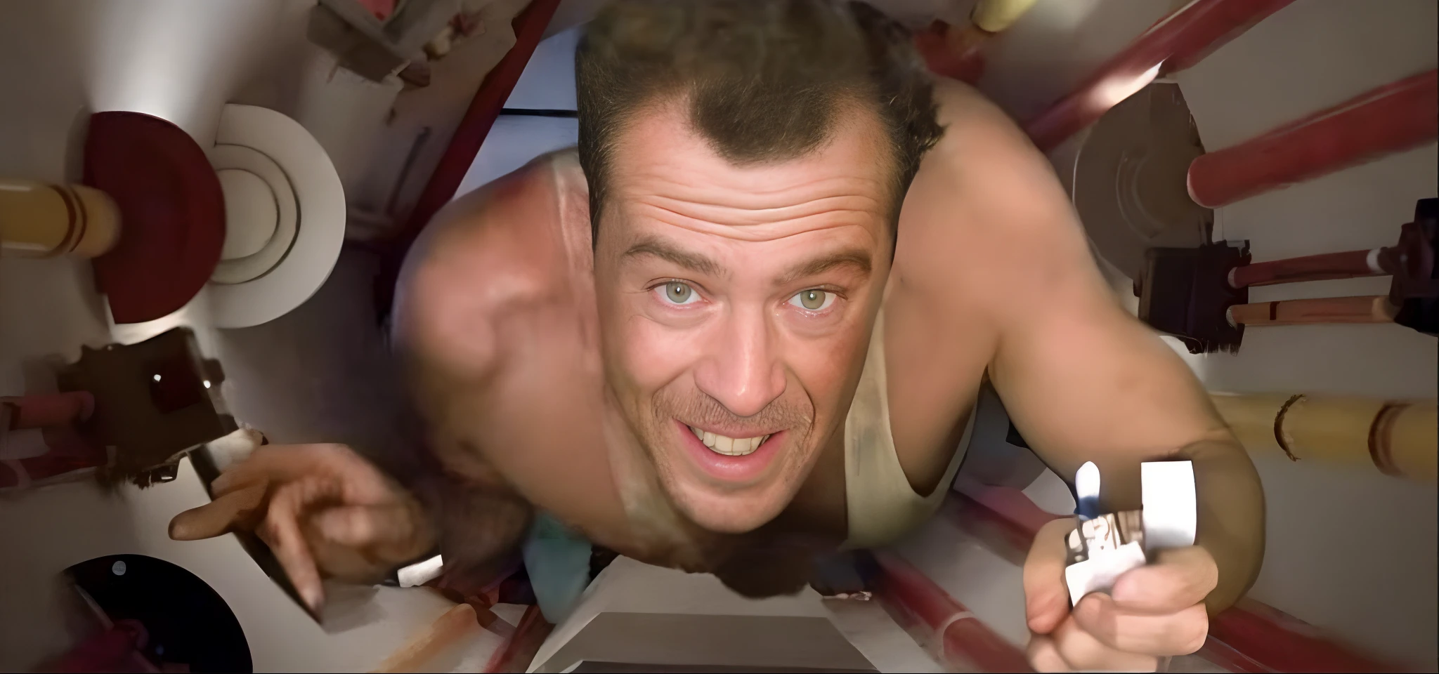Man in a white tank top holding a lighter in a narrow tunnel, on a claustrophobic space station, perfect delicate hands, perfect delicate fingers, 4K, cinematic, fix face, fix body, 100% anatomically correct, octane render