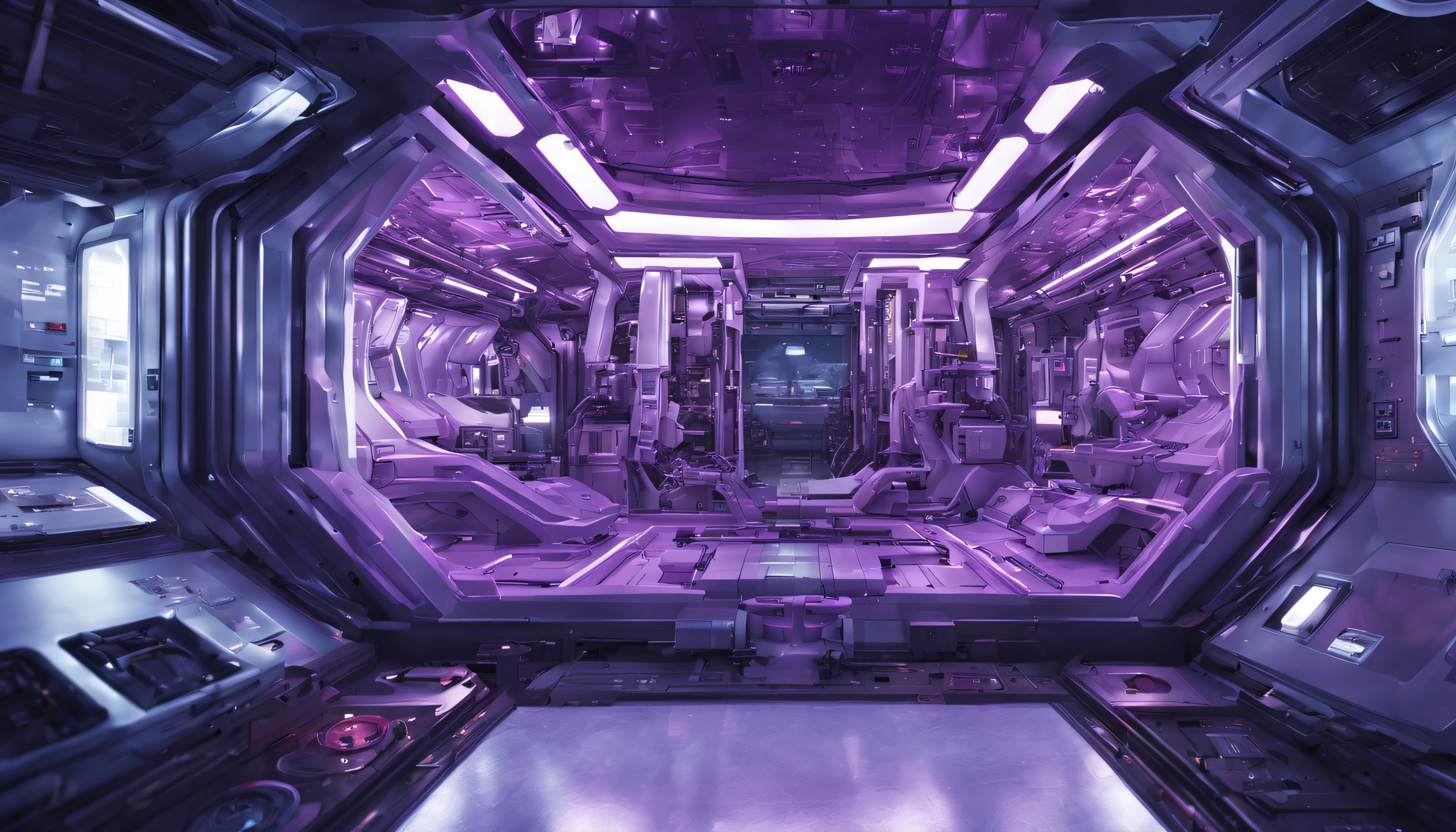 machinery compartment, masterpiece, best quality, ultra-detailed, inside factory, Futuristic technology, machines, manufacture, real ligh effect, violet color palltet, spacecraft technology, realistic,