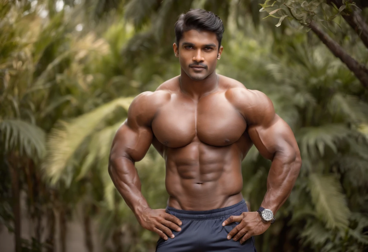 A handsome Sri Lankan body builder hero, standing at a height of 5 feet 4 inches, with a striking muscular physique. He has chiseled abs and strong biceps, showcasing his dedication to fitness. His dark skin glistens under the warm sunlight, giving him an aura of strength and resilience.
The body builder is dressed in form-fitting workout attire that accentuates his well-defined muscles. As he poses confidently, his eyes exude determination and his lips maintain a confident smirk. His expressive face conveys his unwavering determination to overcome any challenge.
The backdrop of the scene is a picturesque outdoor landscape, featuring lush greenery and vibrant flowers. The sunlight filters through the trees, casting a natural spotlight on the body builder, further enhancing his heroic presence.
The image quality is of the highest caliber, with 4K resolution and ultra-detailed rendering. The colors are vivid and vibrant, showcasing the natural beauty of the surrounding environment. The lighting is done masterfully, employing studio lighting techniques to bring out the depth and contours of the body builder's physique.
In terms of artistic style, the image embodies the spirit of a portrait, capturing the essence of the body builder's strength and charisma. The color palette leans towards warm tones, evoking a sense of energy and vitality.
Overall, the prompt creates a visually stunning image of a Sri Lankan body builder hero, highlighting his physical prowess and charisma. It combines the elements of a powerful and inspiring figure with the beauty of the natural world, resulting in a captivating artwork.