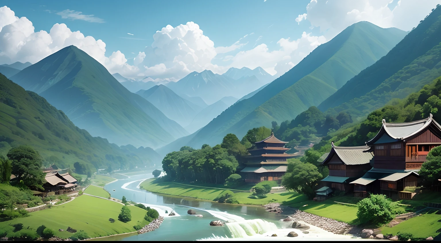 tranquil Chinese village, surrounded by lush forests, tall mountains, and a peaceful river.