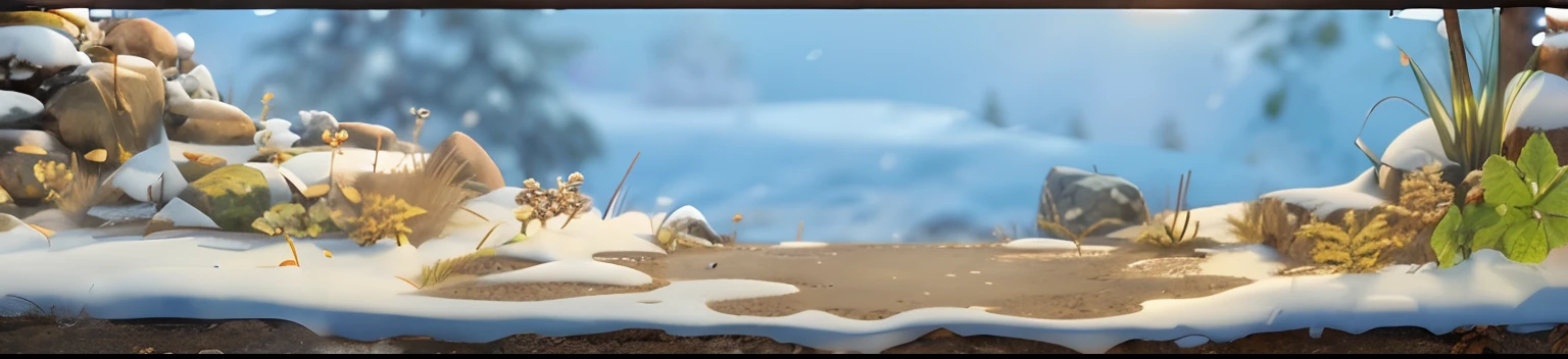 Warm sun,Usual diagram,snowfield,mud ground,steins,Rock texture,The texture is clear,There is soil on the ground,fanciful,Natural sunlight from the magic sphere,Ray traching,diffuselighting,vivd colour,leafs(The is very detailed,finely detailled,iintricate),the ground(The is very detailed,finely detailled,iintricate)8K分辨率,